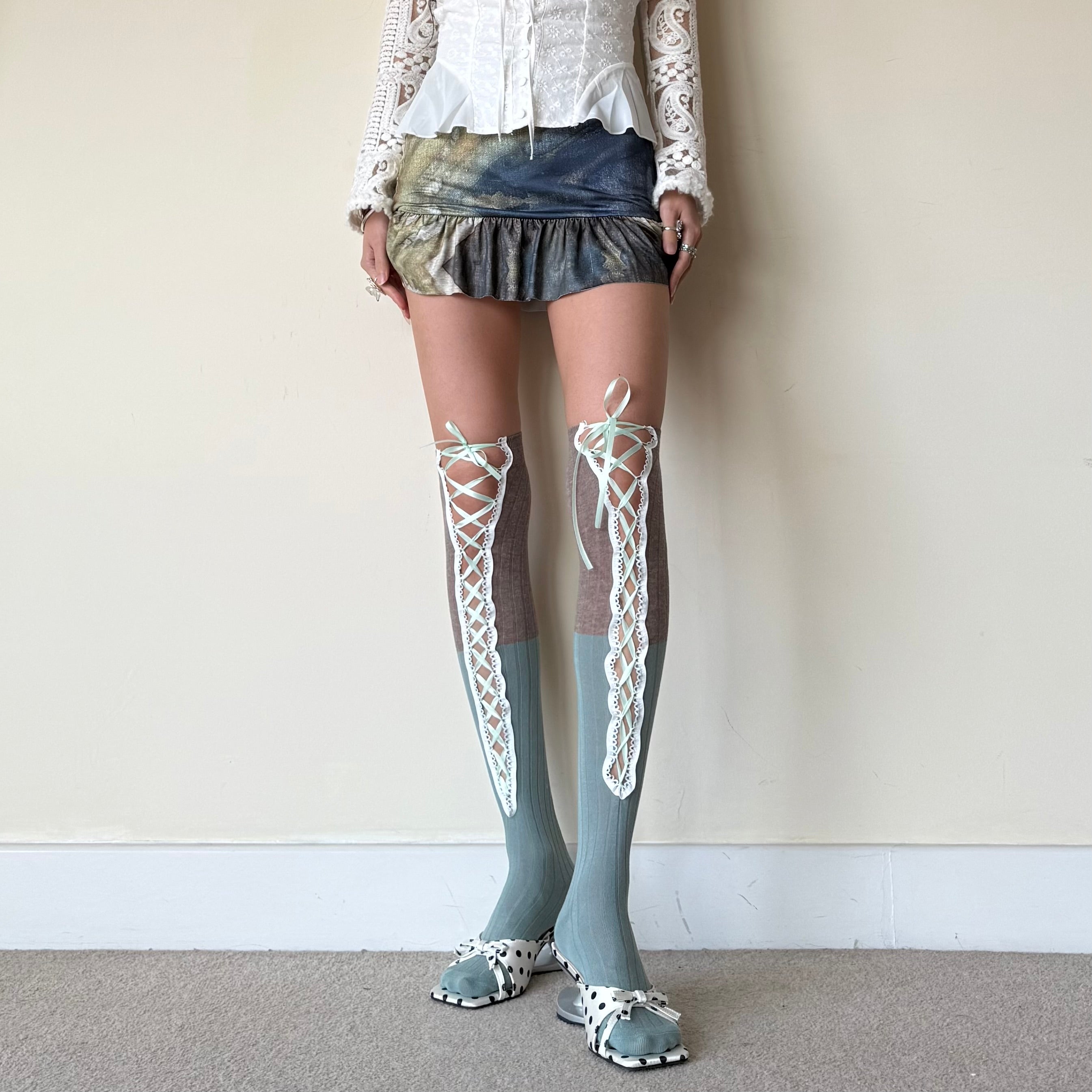 Two-Tone Light Brown & Dusty Teal Corset Lace-Up Thigh High Cotton Socks
