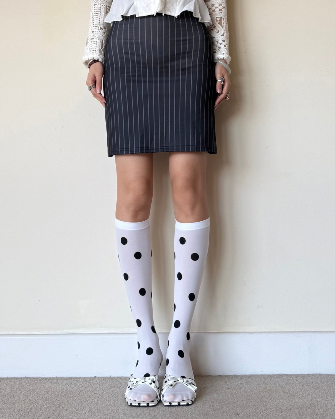 White Large Polka Dot Knee-High Socks