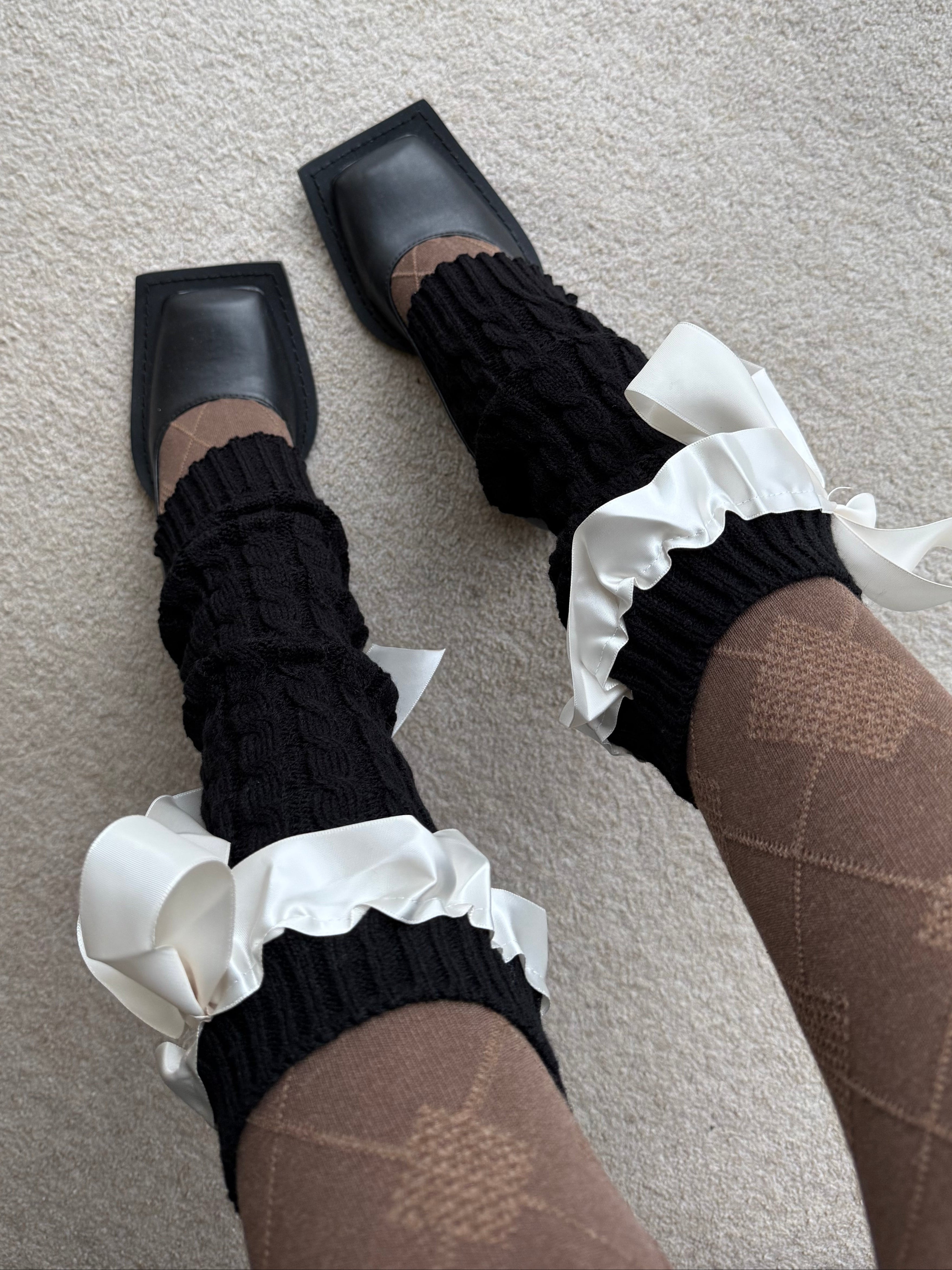 Black Knit-Style Leg Warmers with White Lace Frill & Bow Ribbon