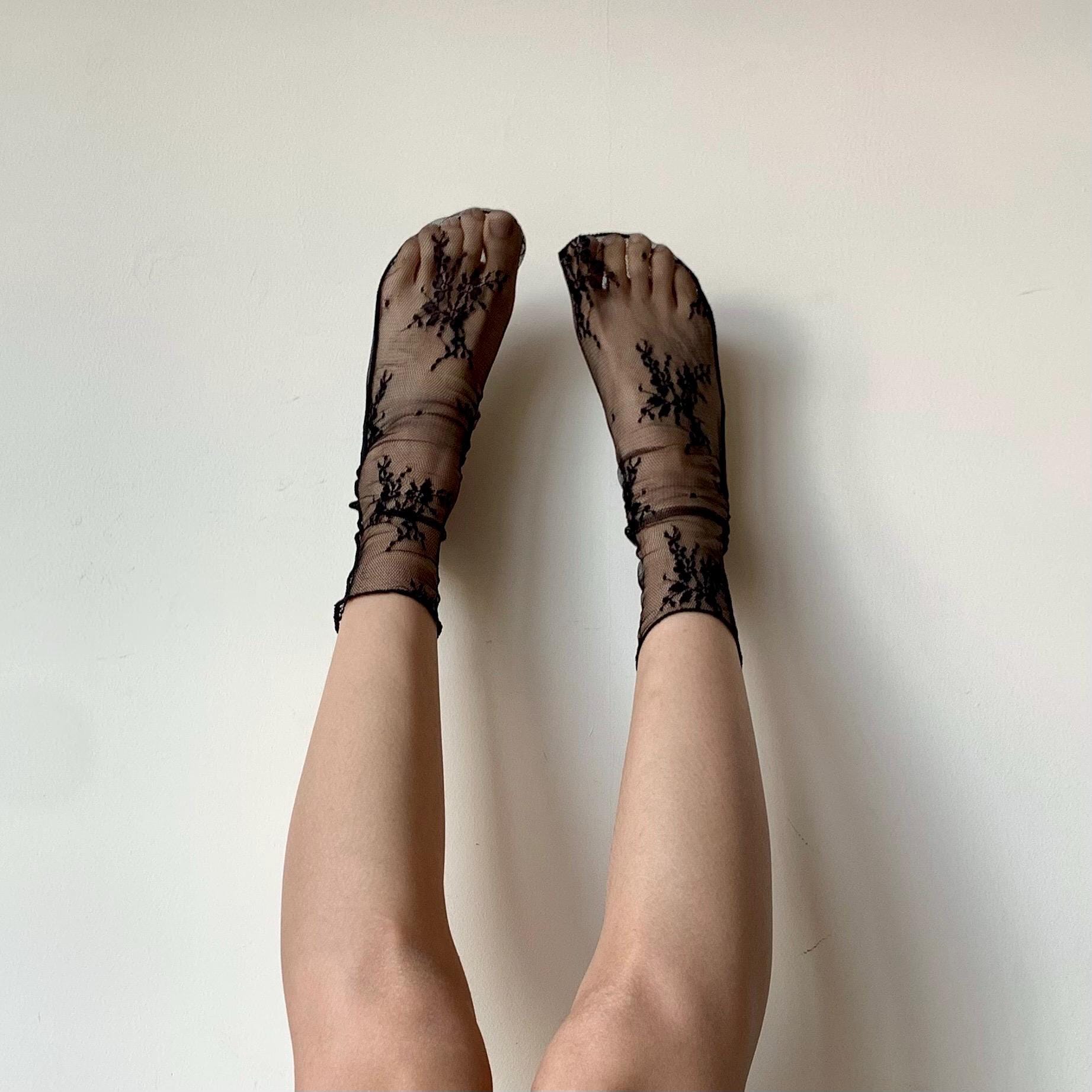 Black Floral Lace Tulle Socks - socks
