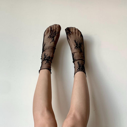Black Floral Lace Tulle Socks - socks