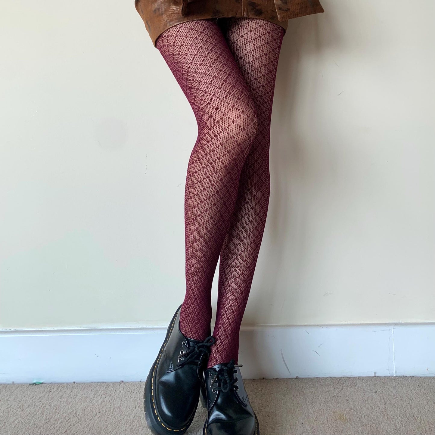 Burgundy Red Crisscross Fishnet Tights