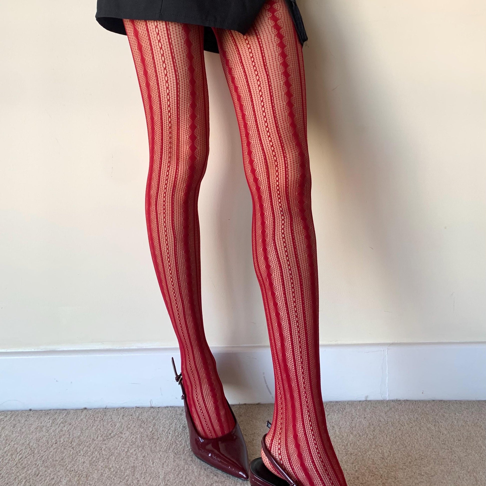 Red Geometric Stripped Fishnet Tights