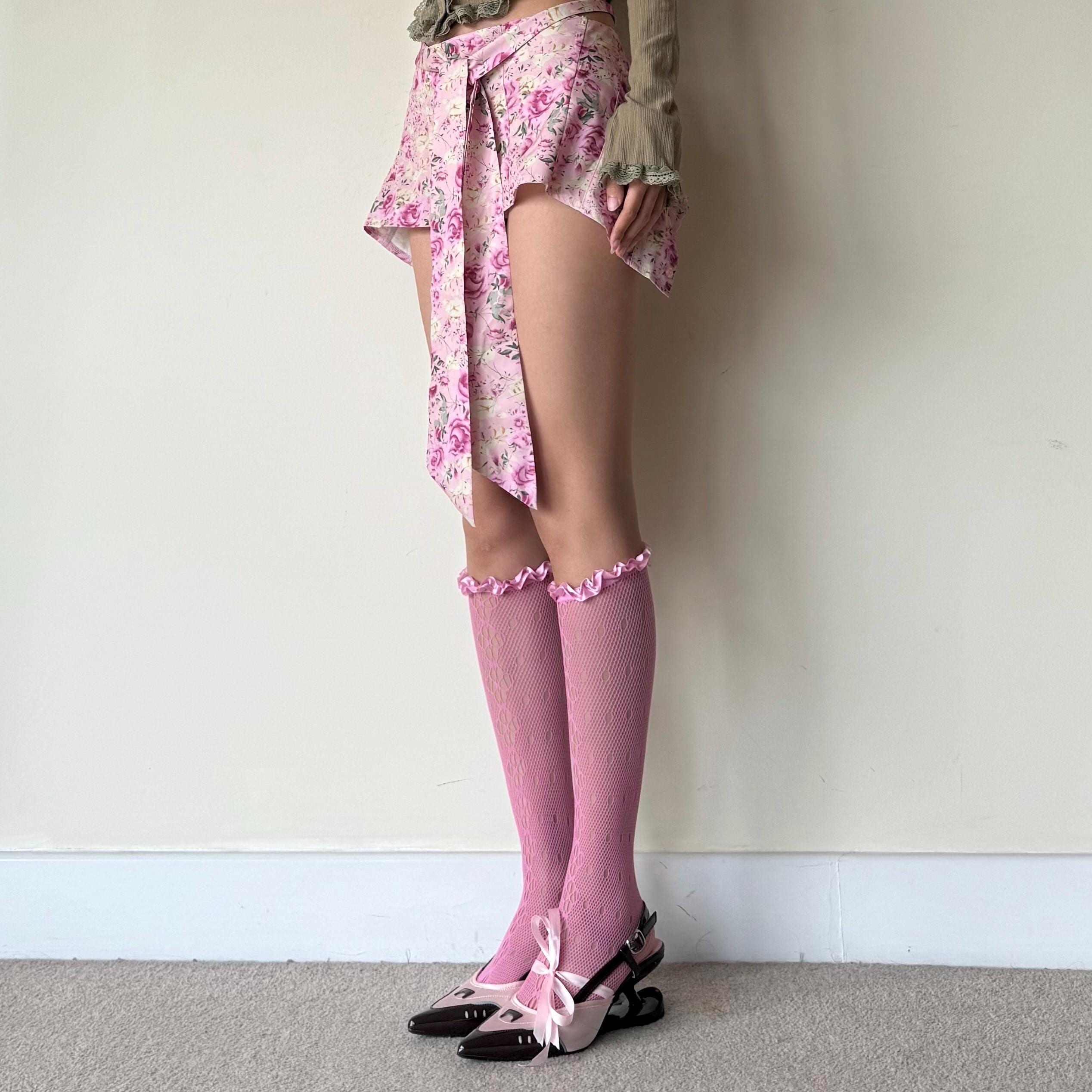 Pink Floral Knee High Frilled Socks with Lace Ruffle - socks