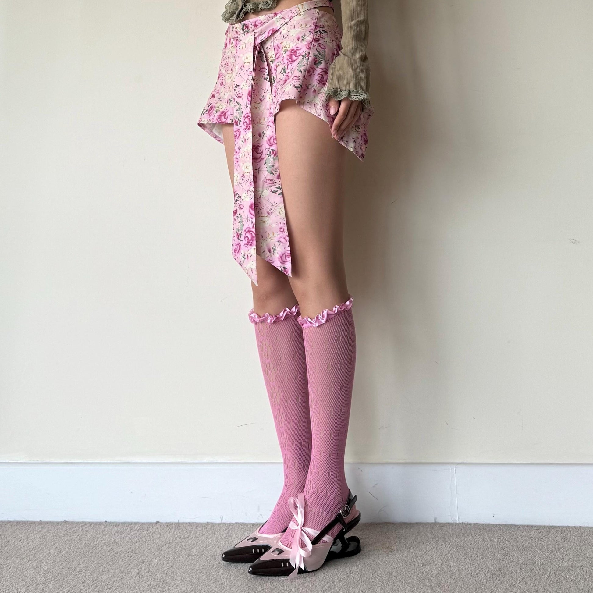 Pink Floral Knee High Frilled Socks with Lace Ruffle - socks