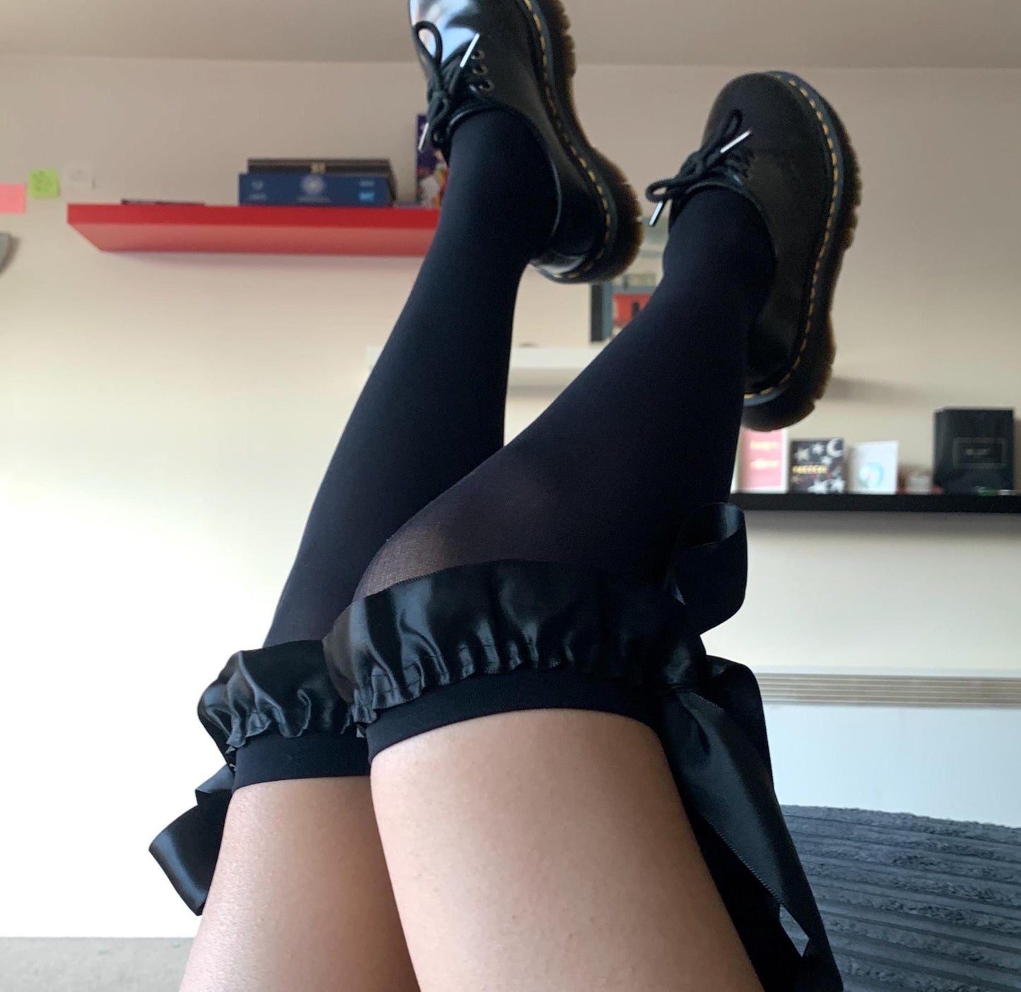 Knee-high Velvet Socks with Satin Ruffled Top and Bow Tie - socks