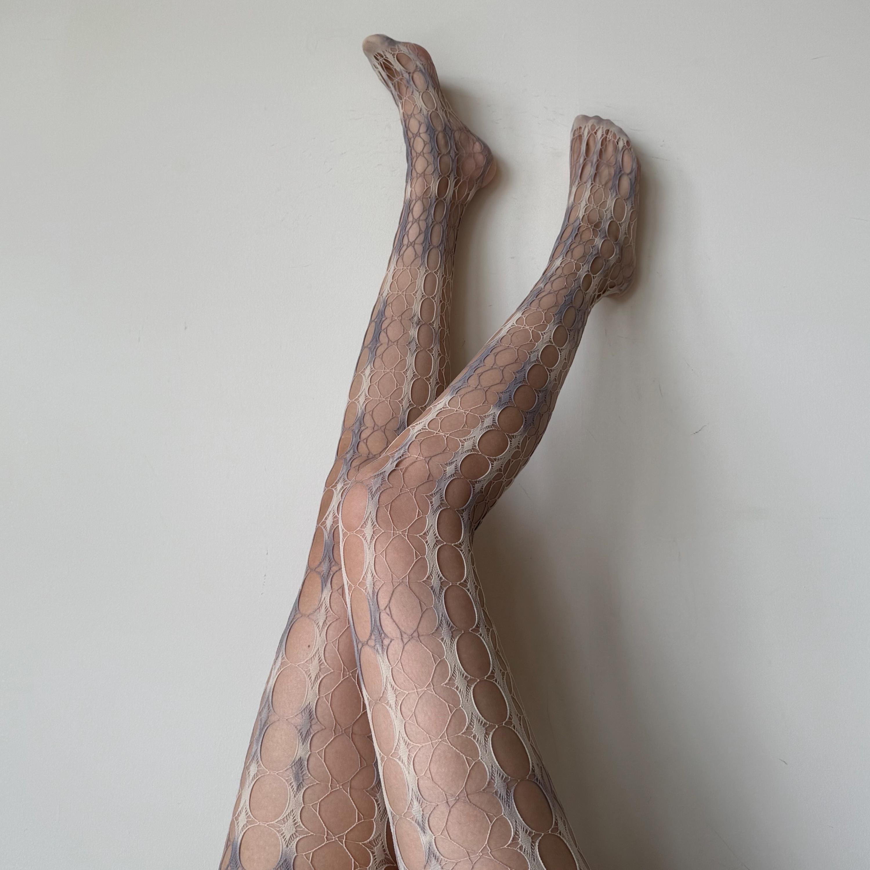 Yellow & Blue Tie-Dye Gradient Distressed Hollow Fishnet Tights - tights