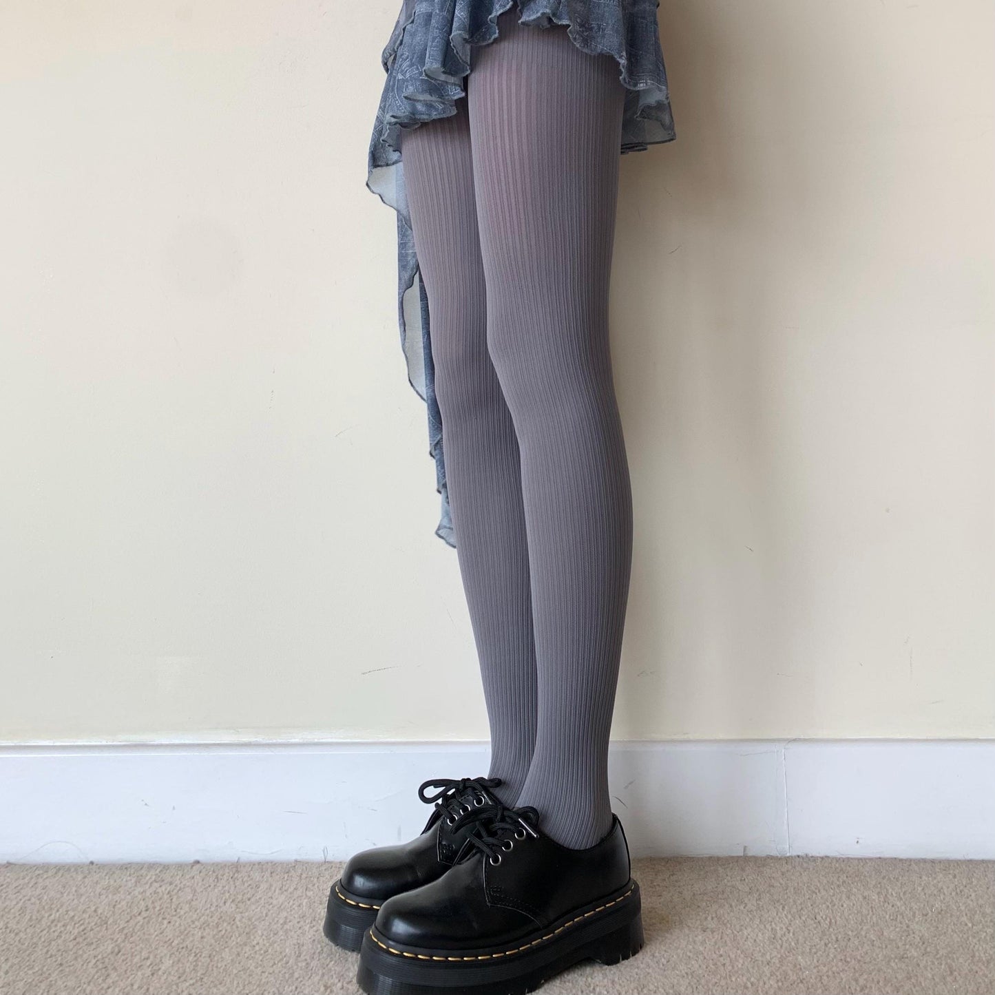 Blue Grey Ribbed Velvet Opaque Tights