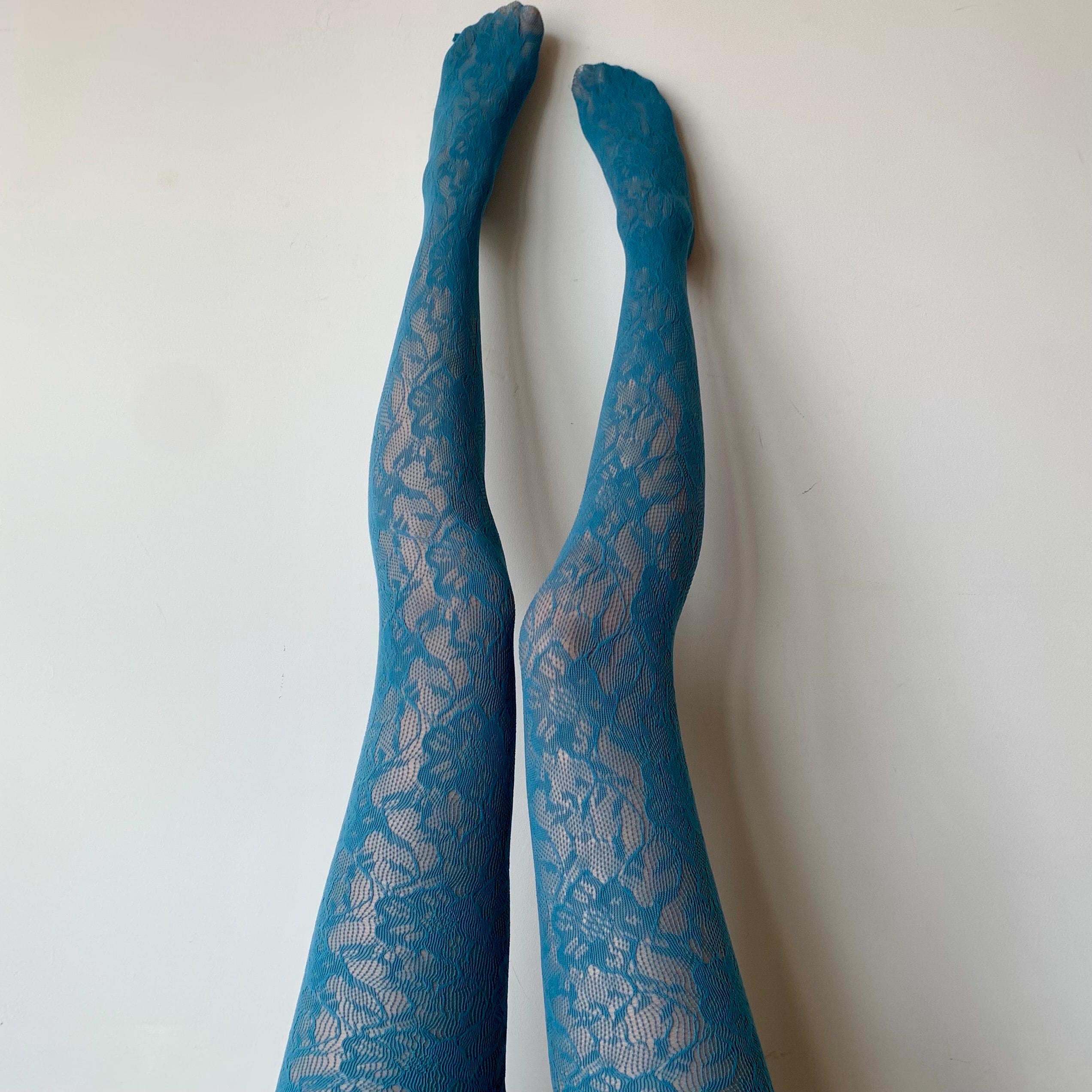Blue Teal Floral Pattern Fishnet Tights