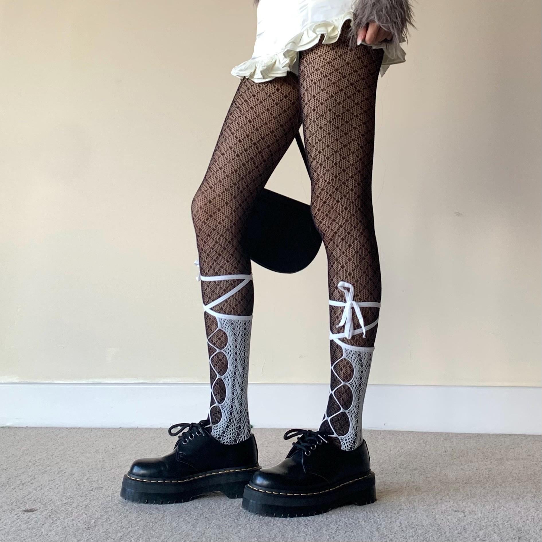 White Lace-Up Fishnet Socks with Adjustable Ribbon Straps - socks