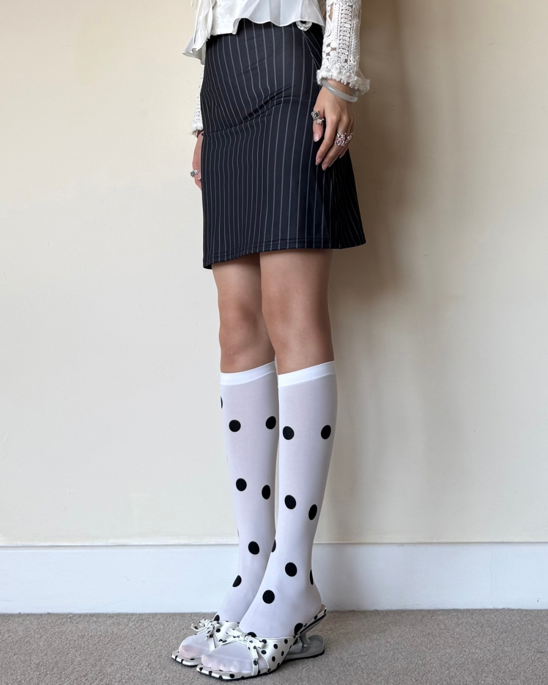 White Large Polka Dot Knee-High Socks