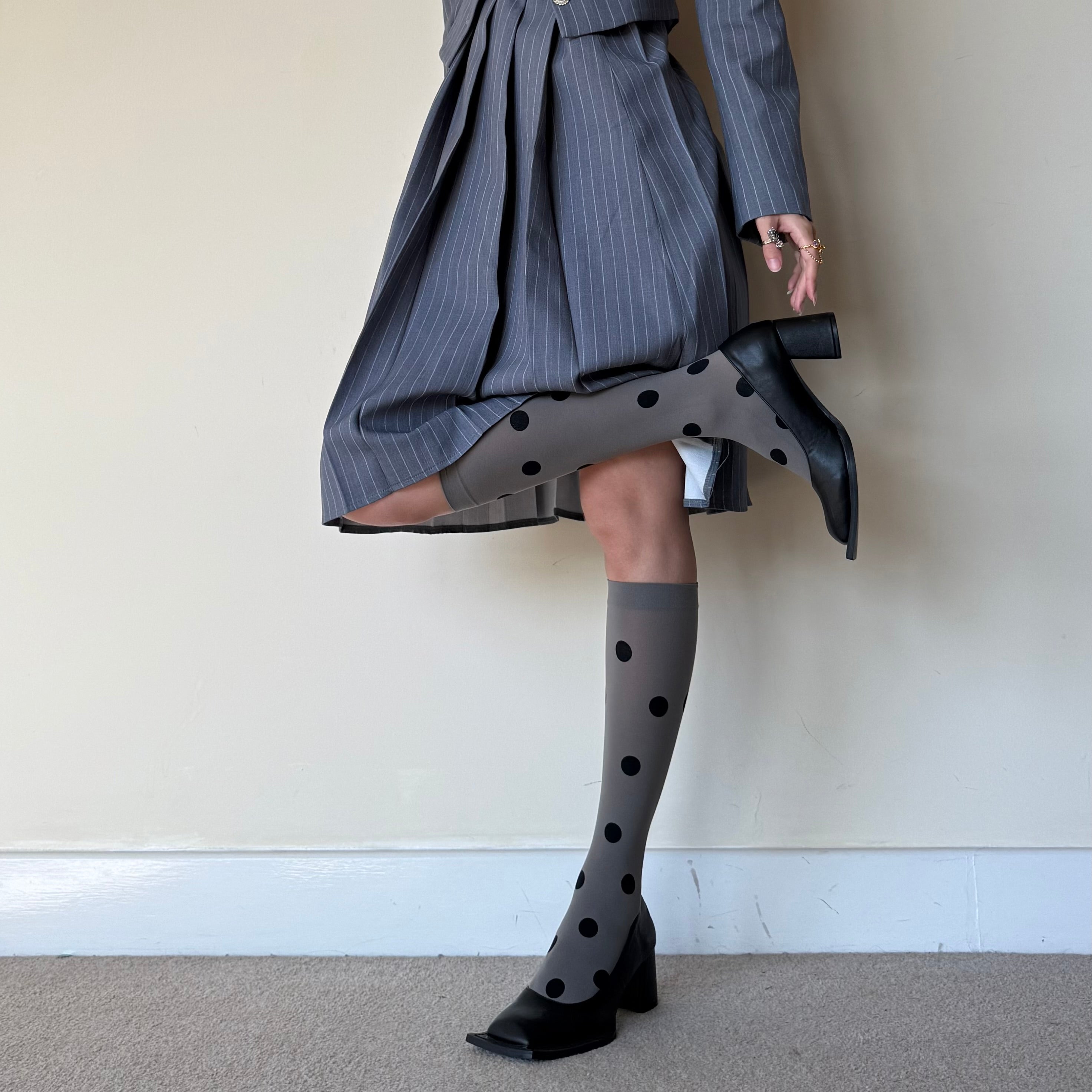 Grey Large Polka Dot Knee-High Socks