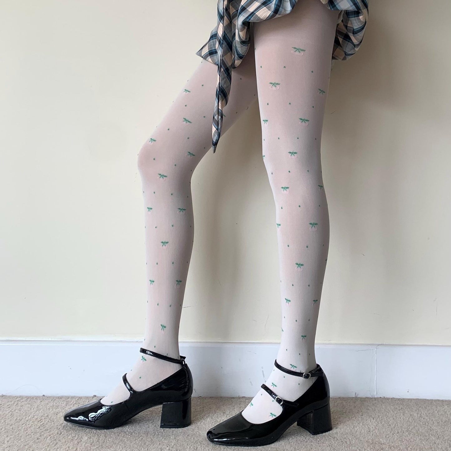 Cream White Velvet Tights with Pink Cherry Print 120D