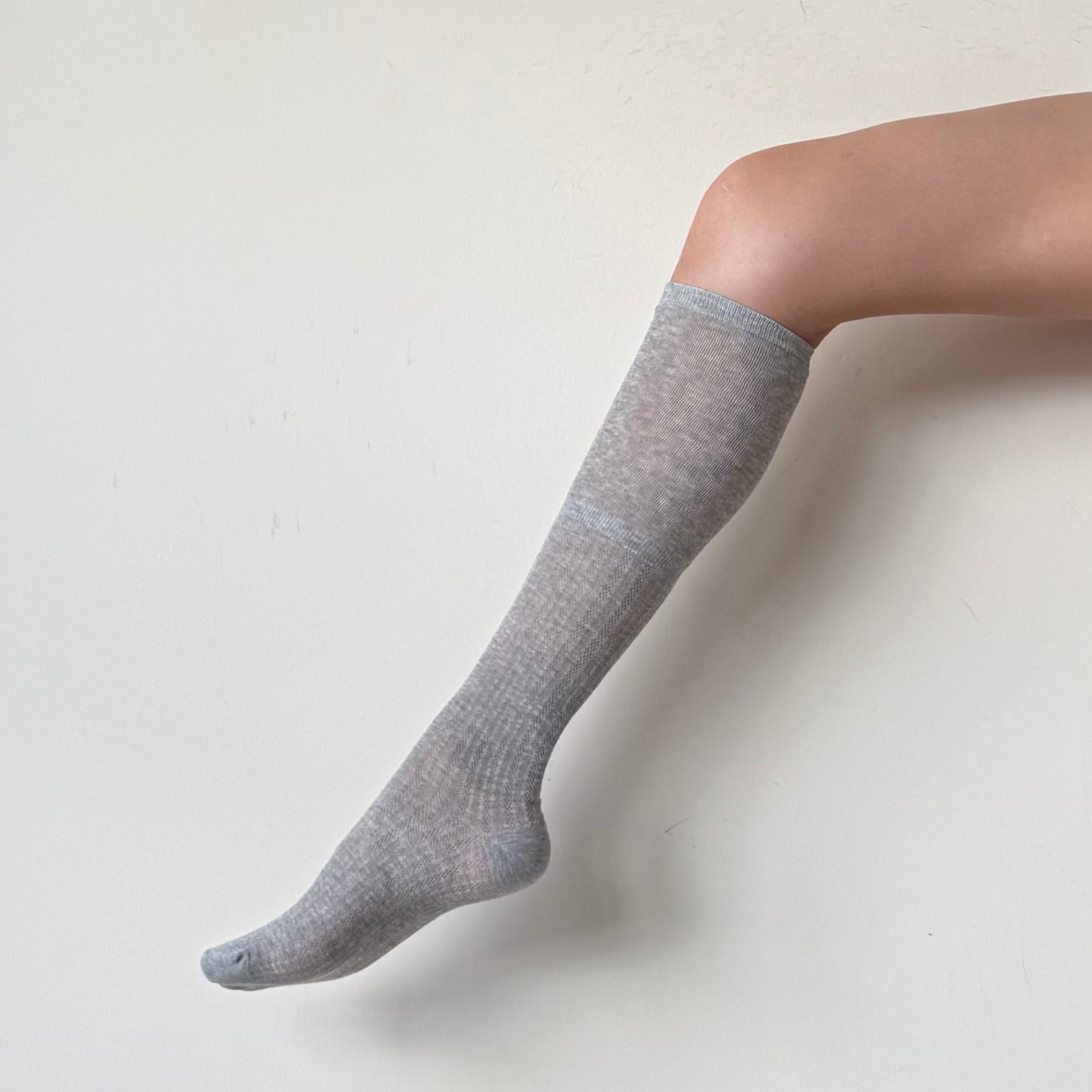 Grey White Ribbed Combed Cotton Knee-High Socks