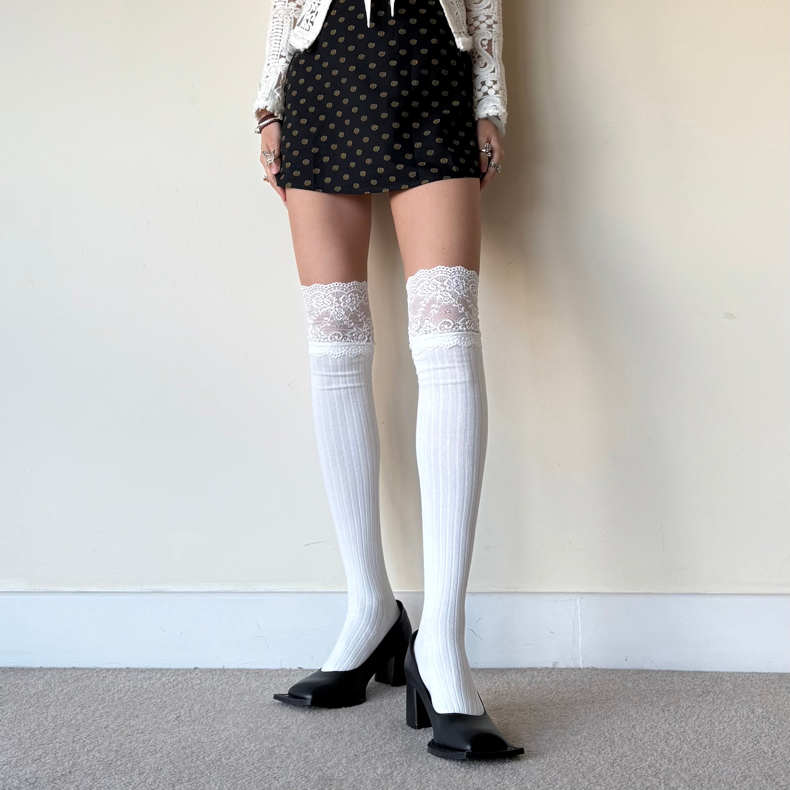 White Cotton Knee High Socks with Floral Lace Trim