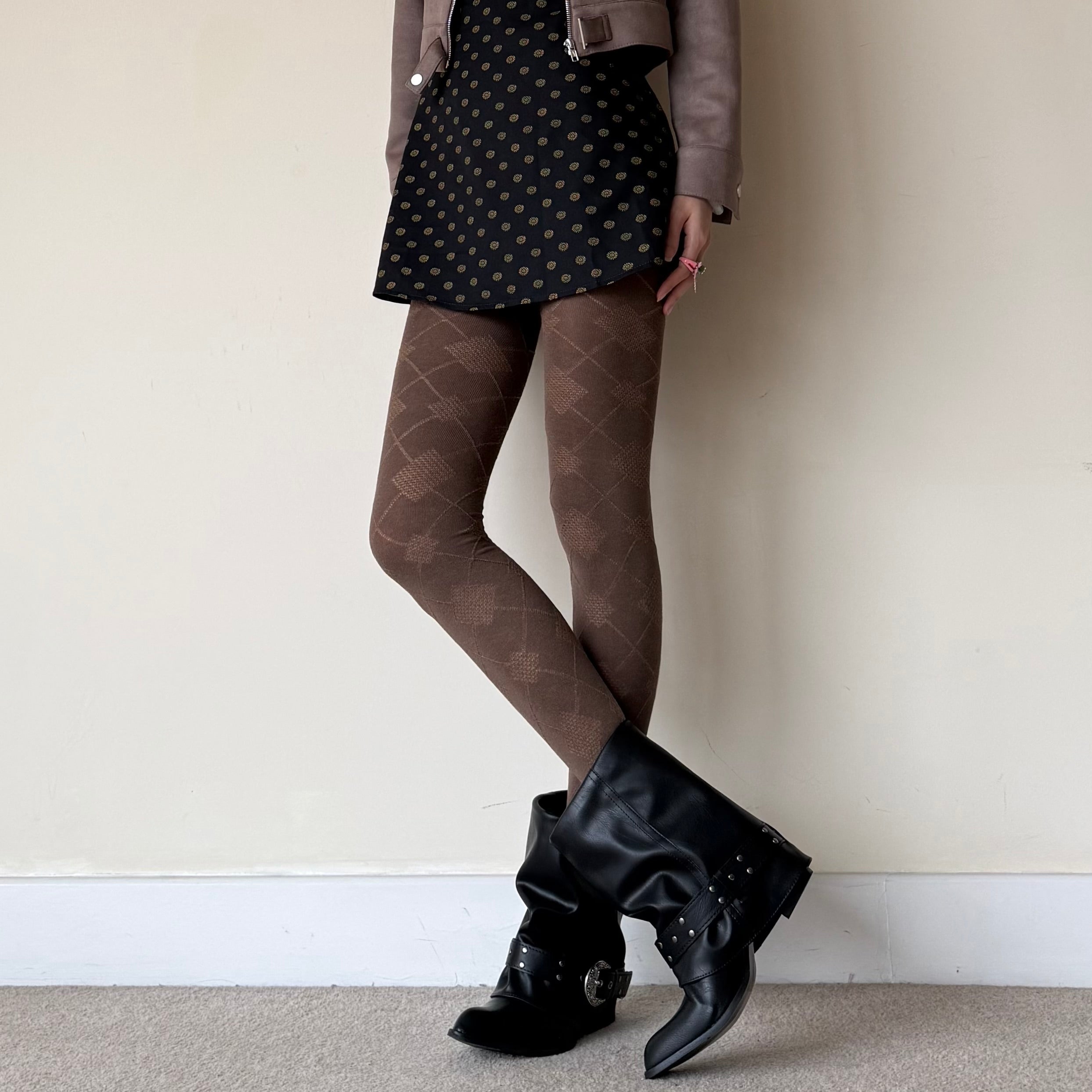 Mocha Brown Argyle Cotton Tights