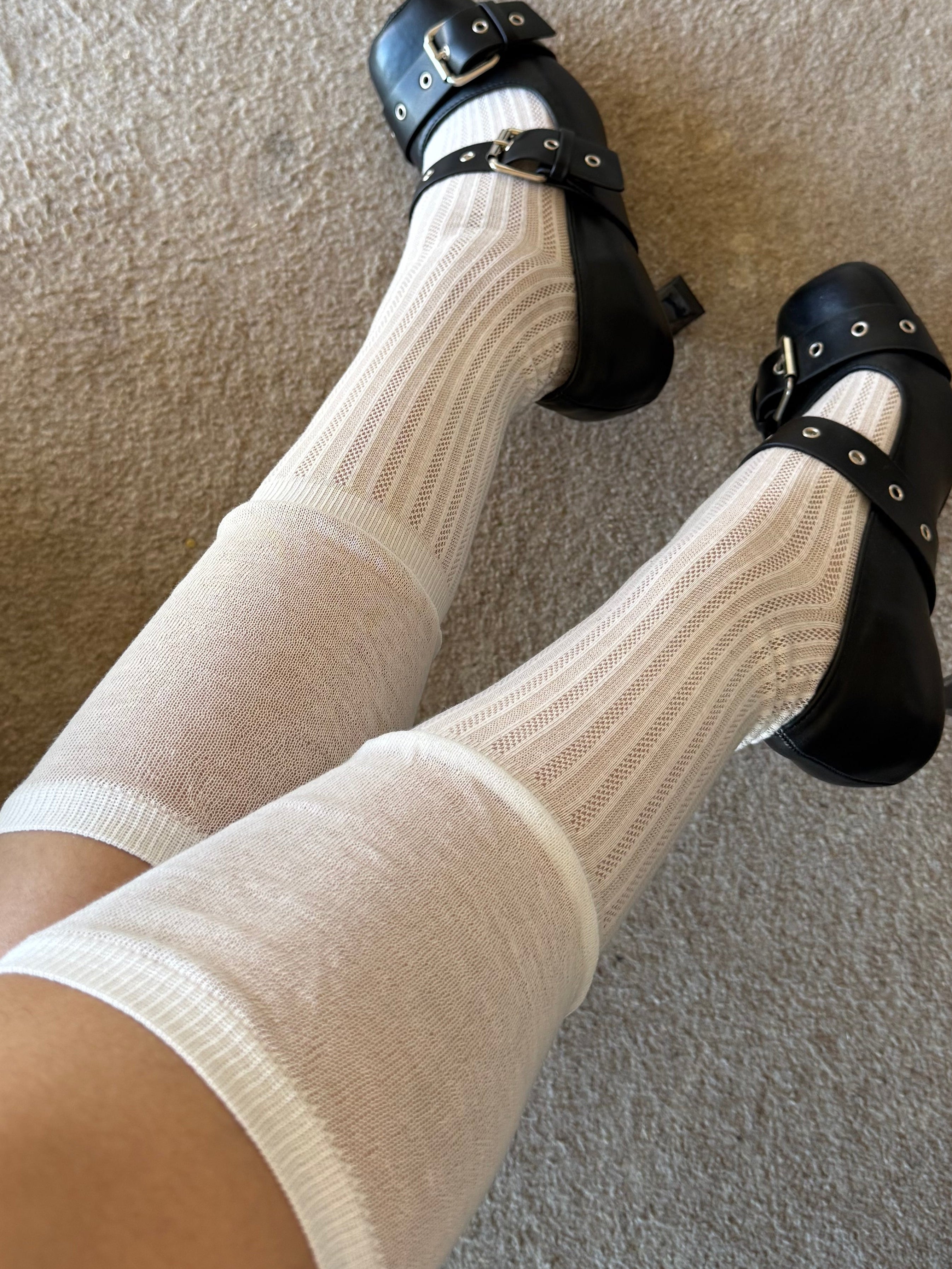 White Ribbed Combed Cotton Knee-High Socks