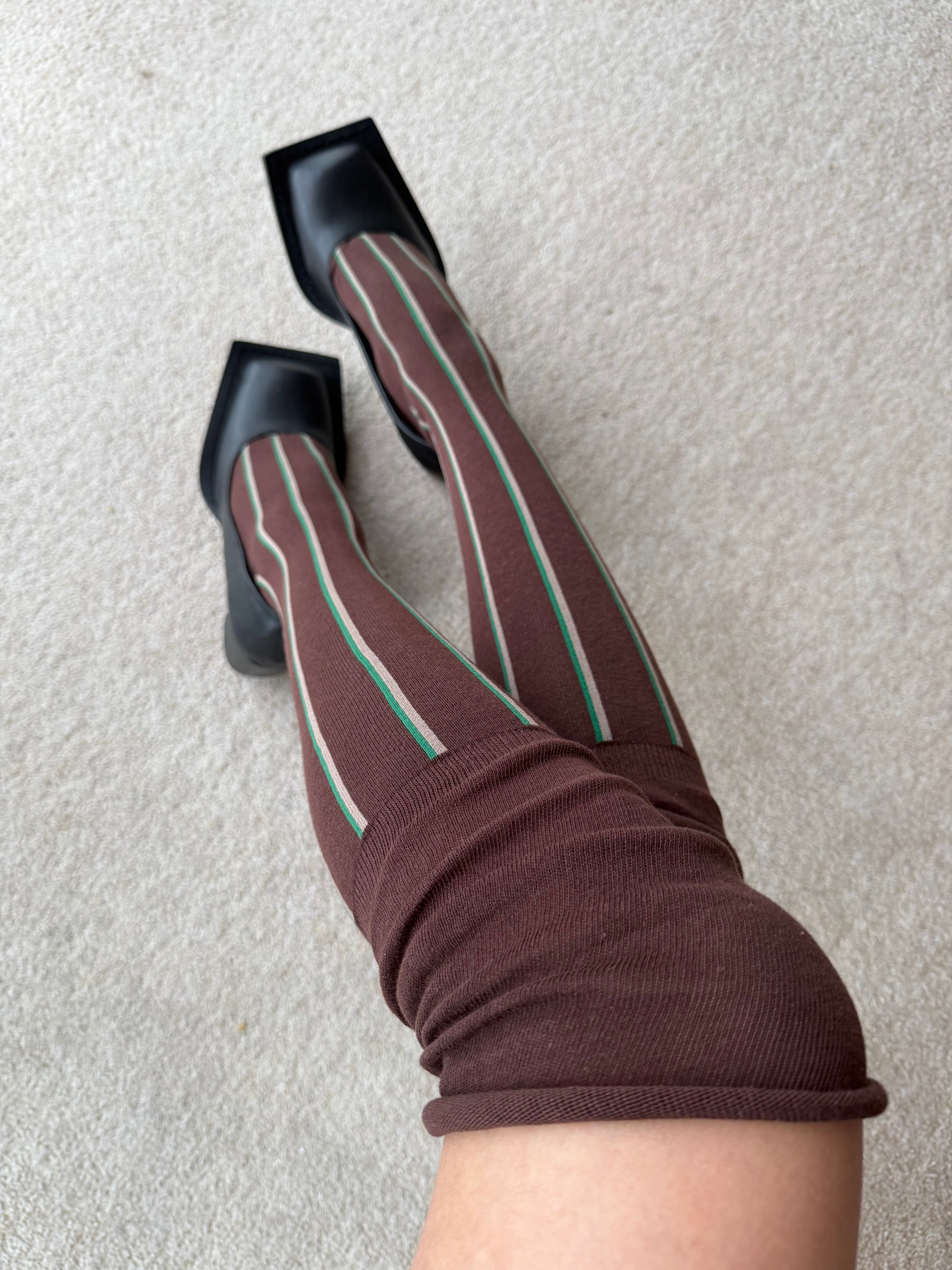 Chocolate Brown Slouchy Over-the-Knee Socks with Stripe Detail