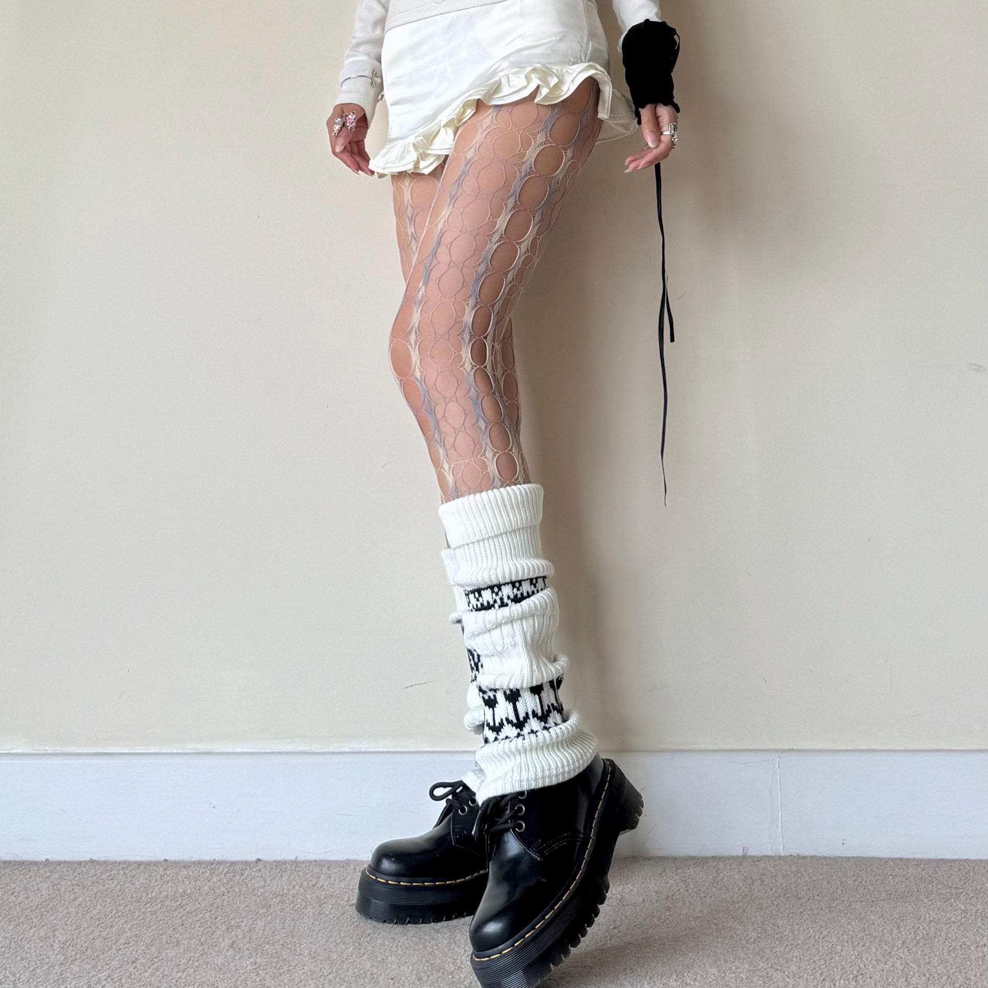 White Fair Isle Wool Knit Leg Warmers