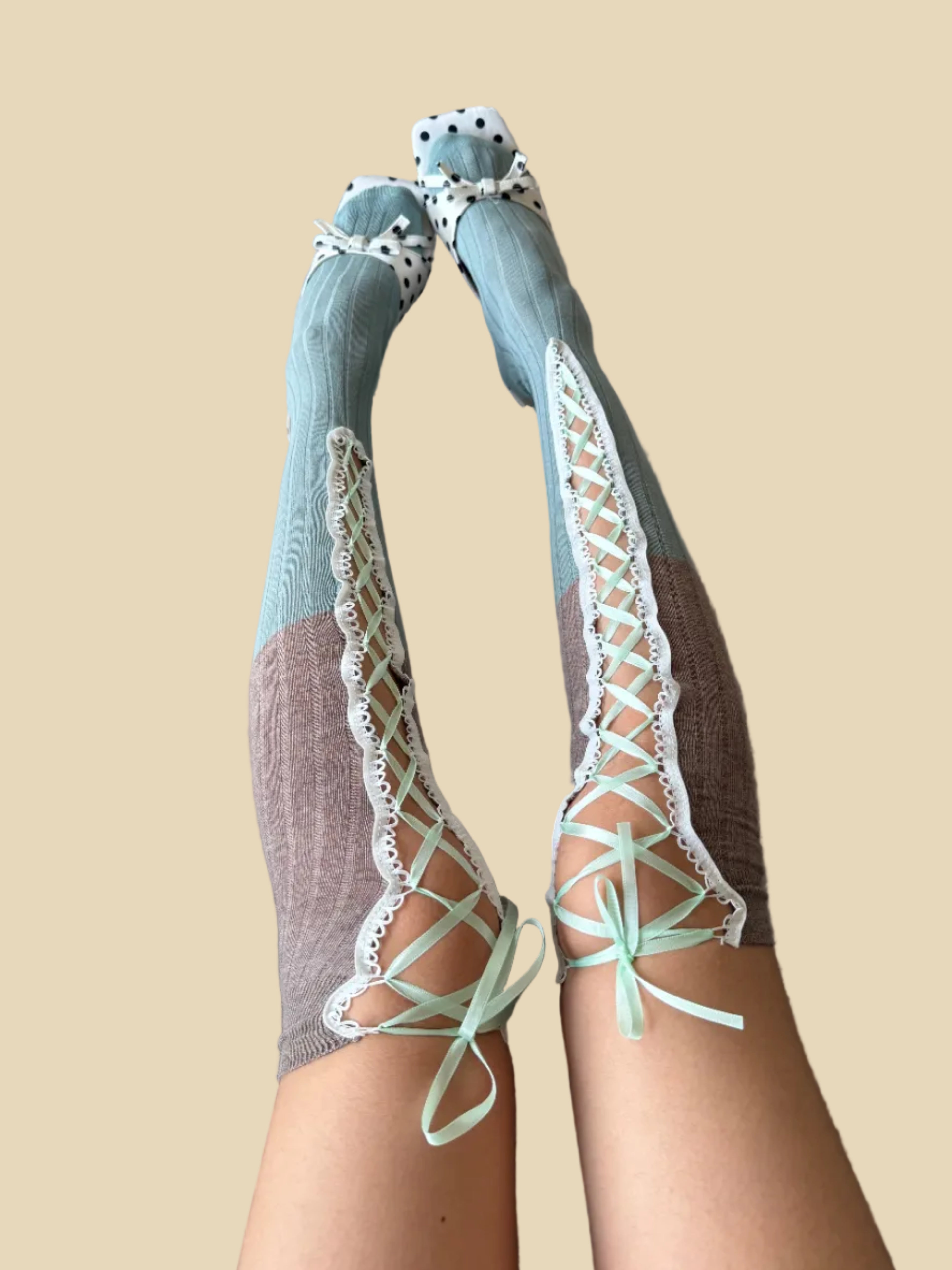 Two-Tone Light Brown & Dusty Teal Corset Lace-Up Thigh High Cotton Socks