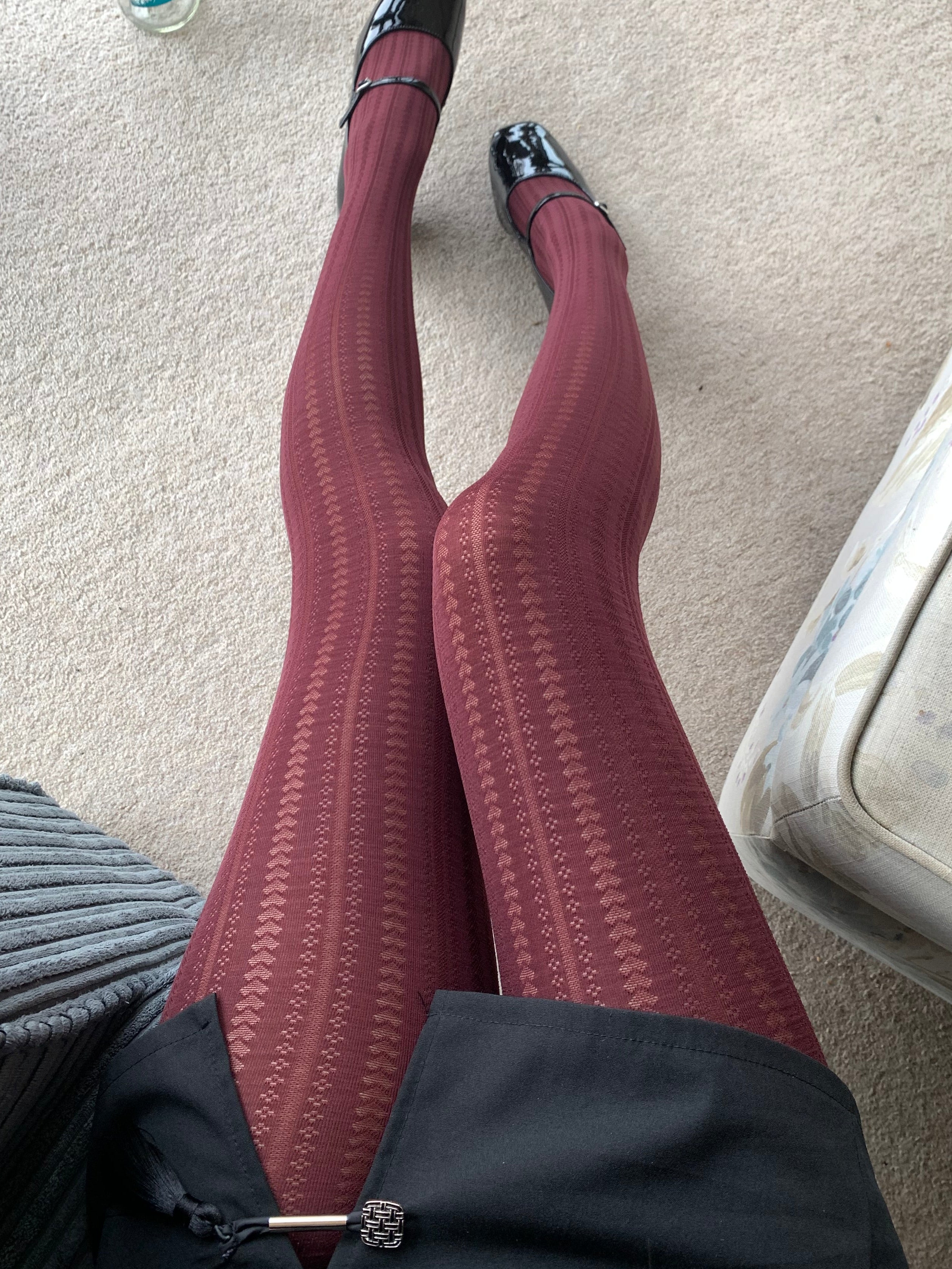Burgundy Red Heart Striped Velvet Tights 70D