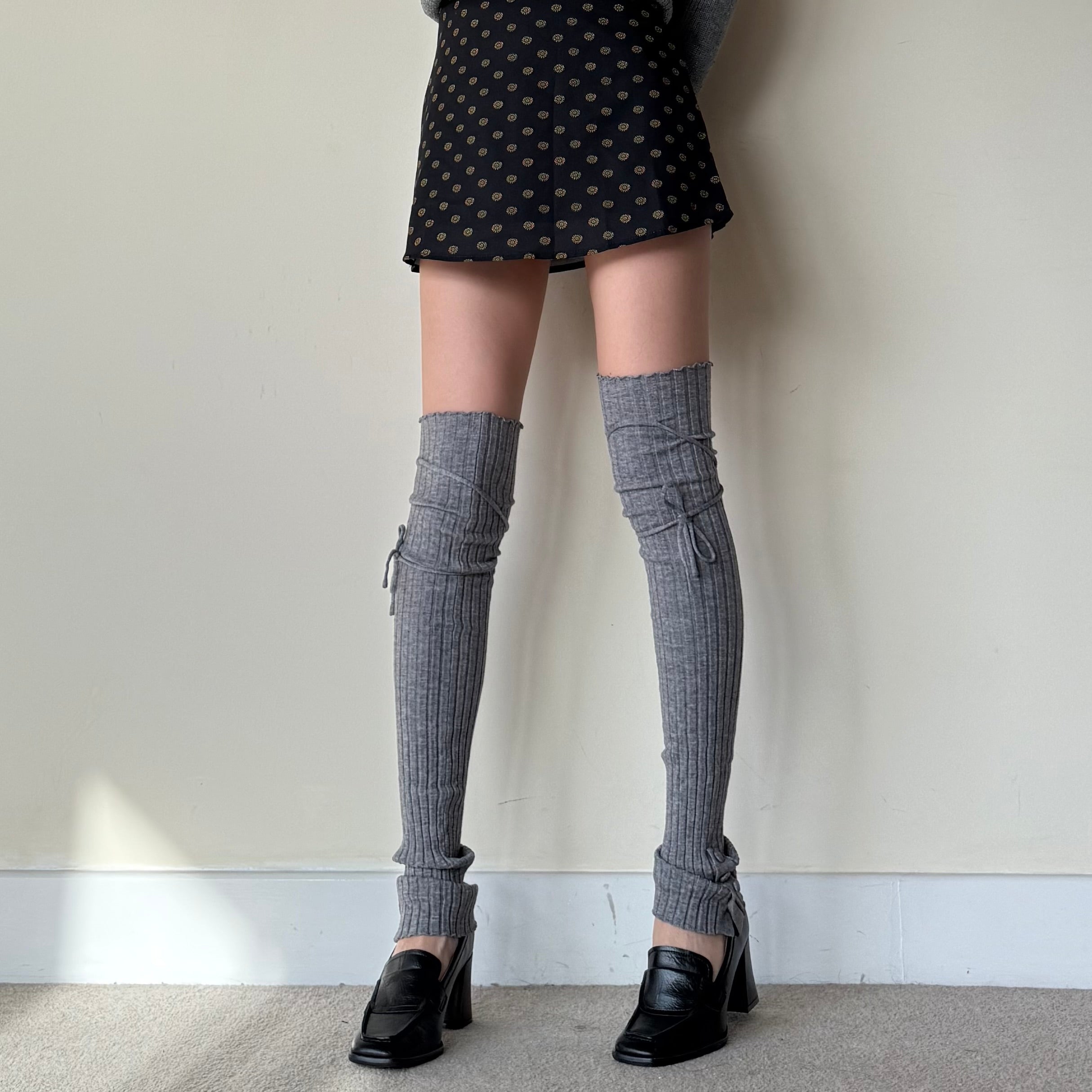 Balletcore Ribbed Wool Blend Leg Warmers with Side Tie & Button Detail