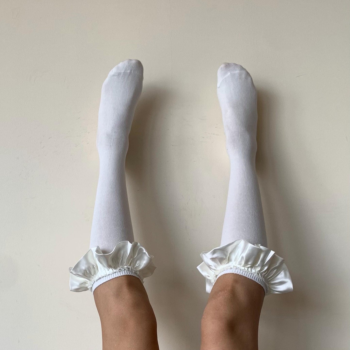 White Cotton Knee High Socks with Satin Ruffle - socks