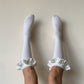 White Cotton Knee High Socks with Satin Ruffle - socks