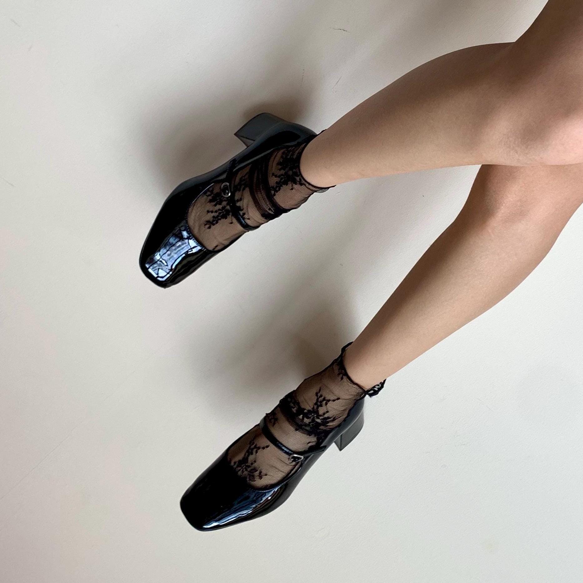 Black Floral Lace Tulle Socks - socks