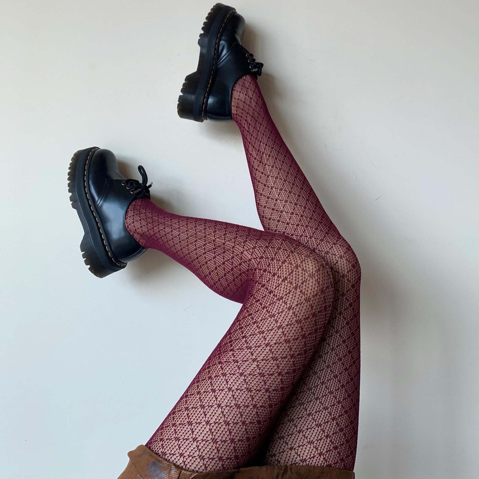 Burgundy Red Crisscross Fishnet Tights