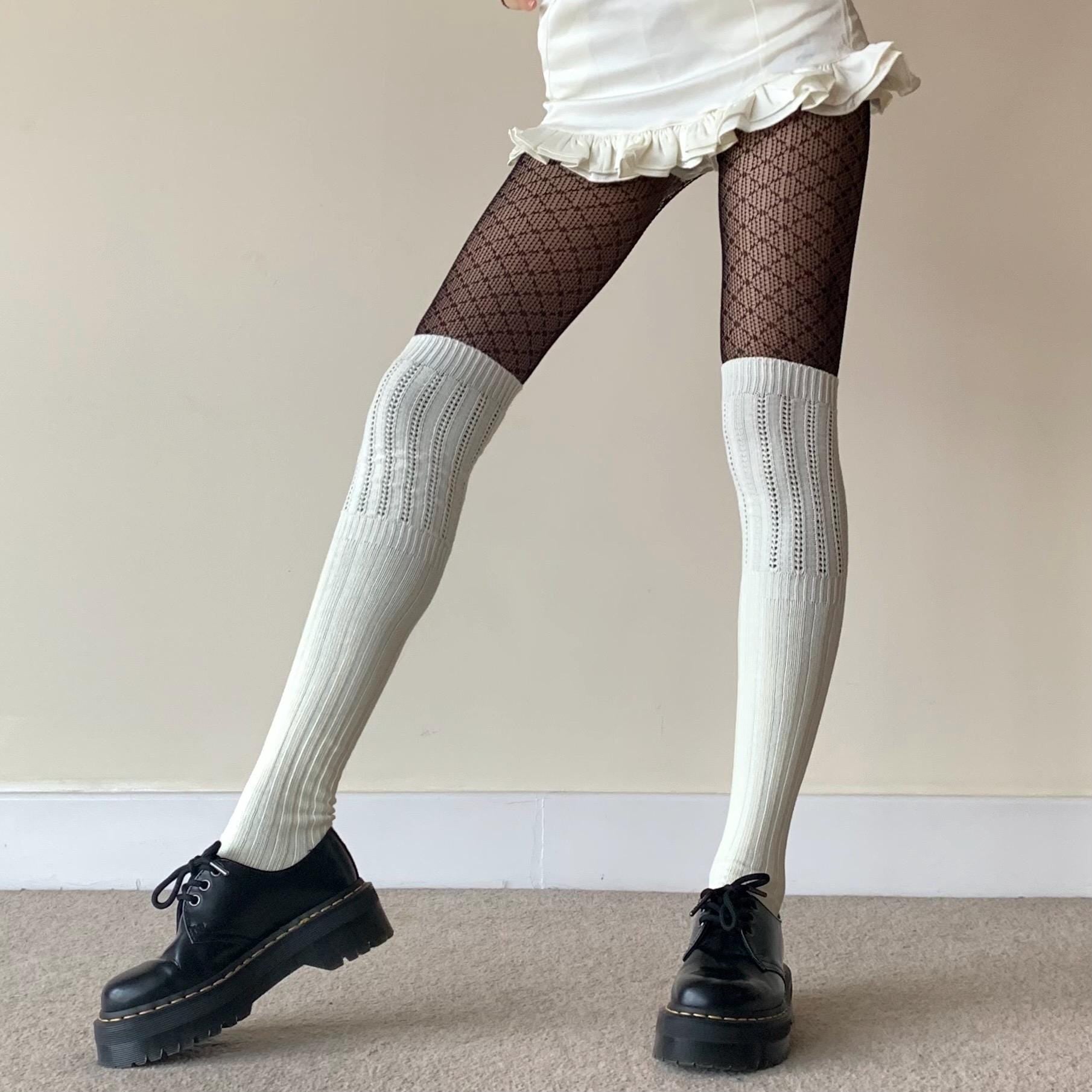 Cream Thigh-high Ribbed Cotton Socks - socks