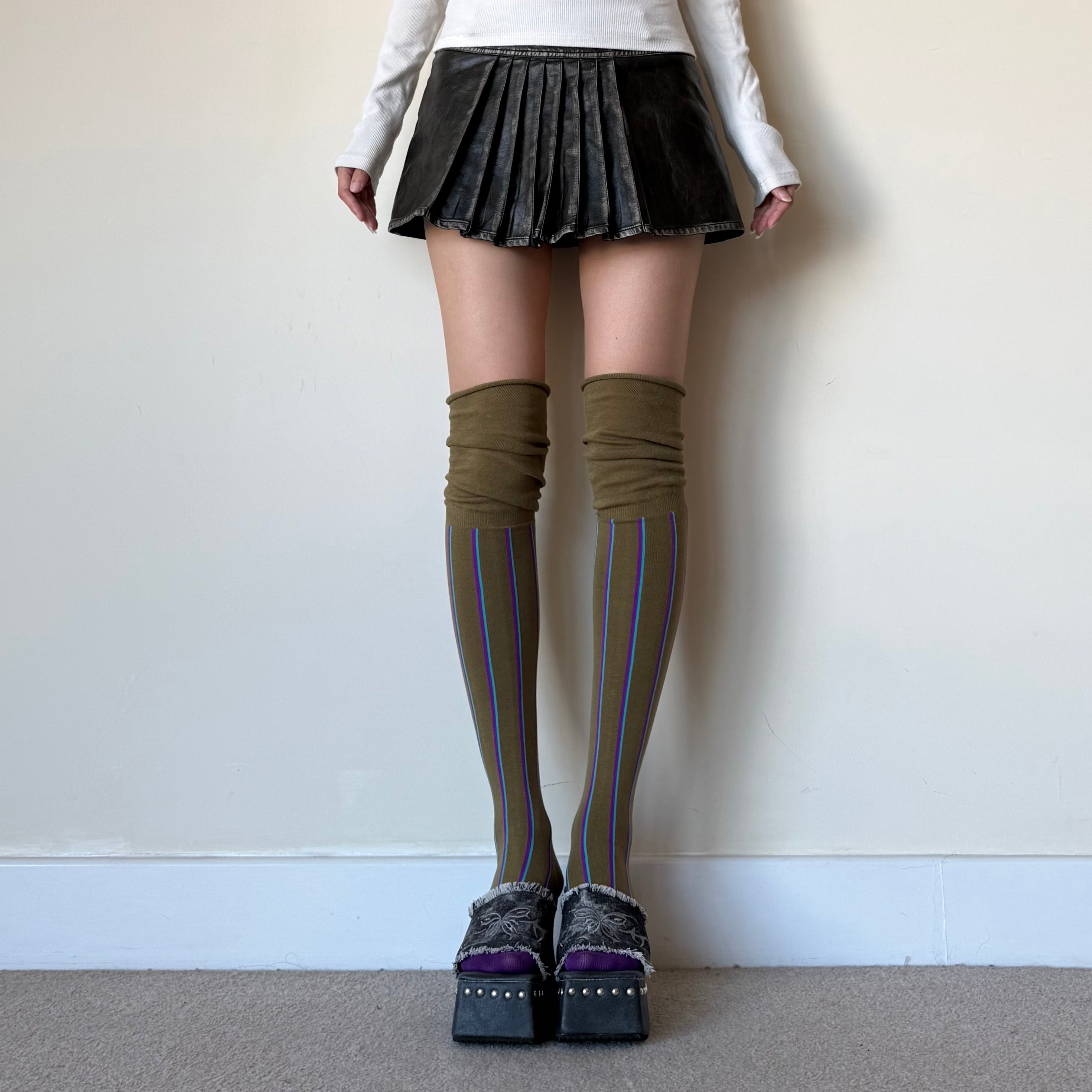 Olive Green Slouchy Over-the-Knee Socks with Stripe Detail