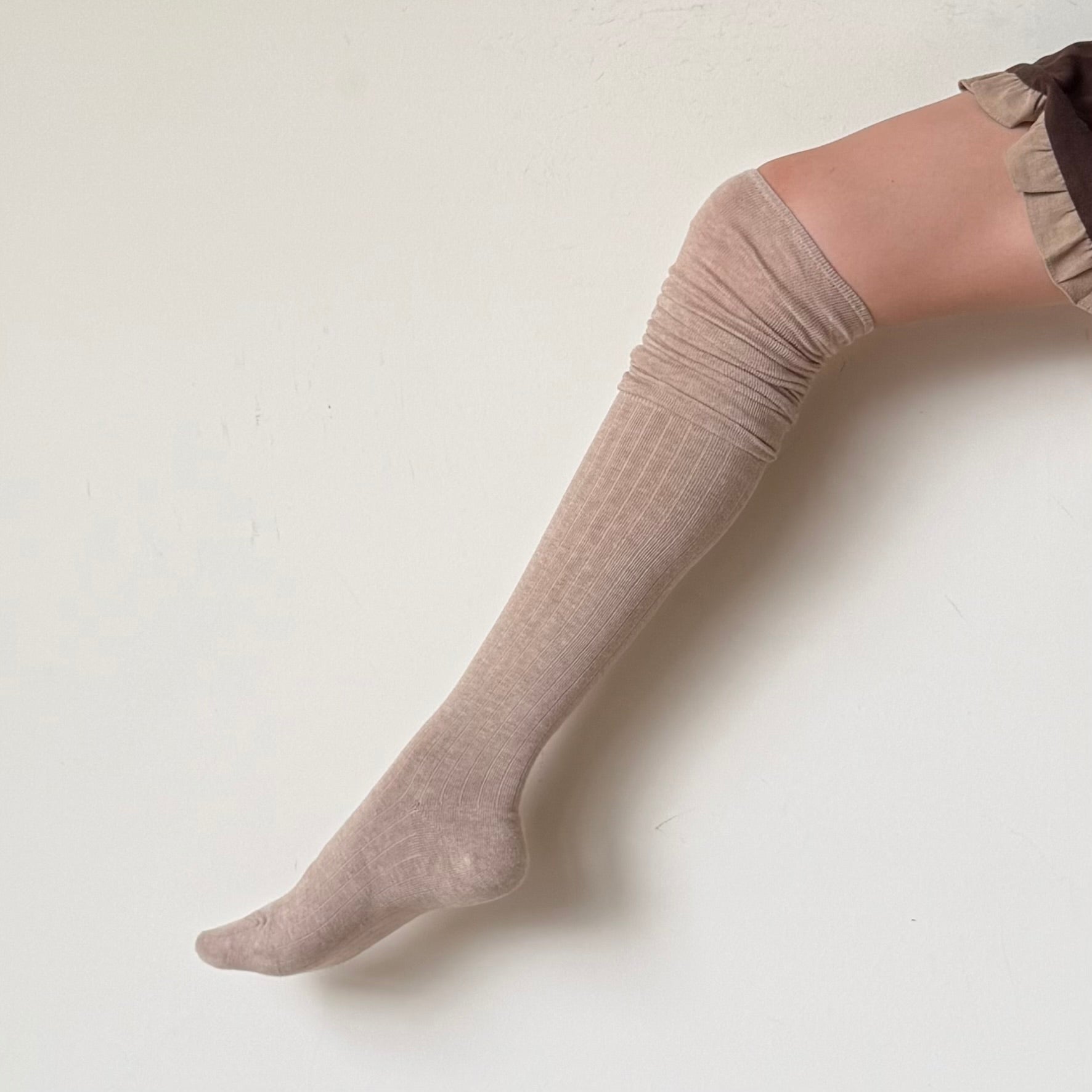 Oatmeal Brown Striped Knee High Socks with Slouchy Trim (64cm)