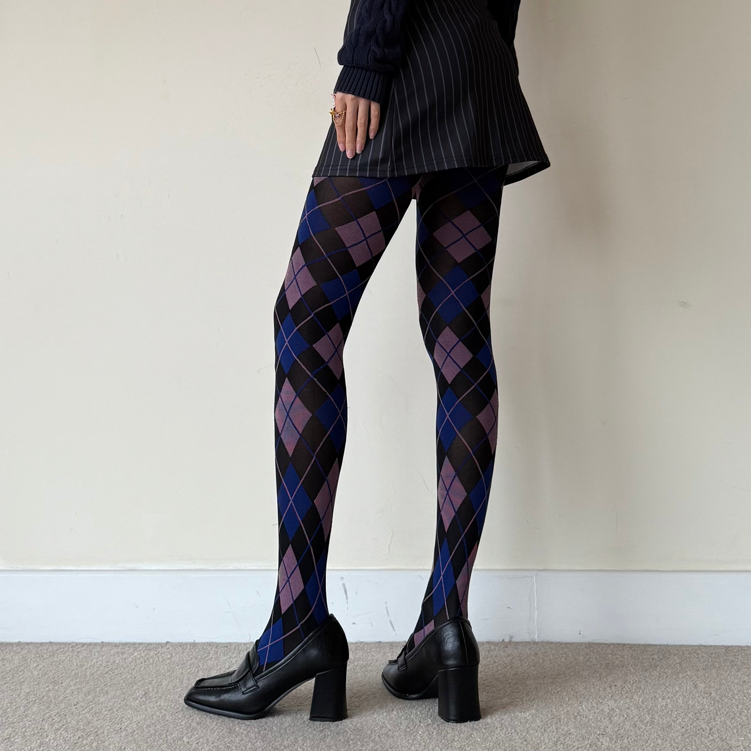 Black Blue & Mauve Argyle Velvet Tights 50D