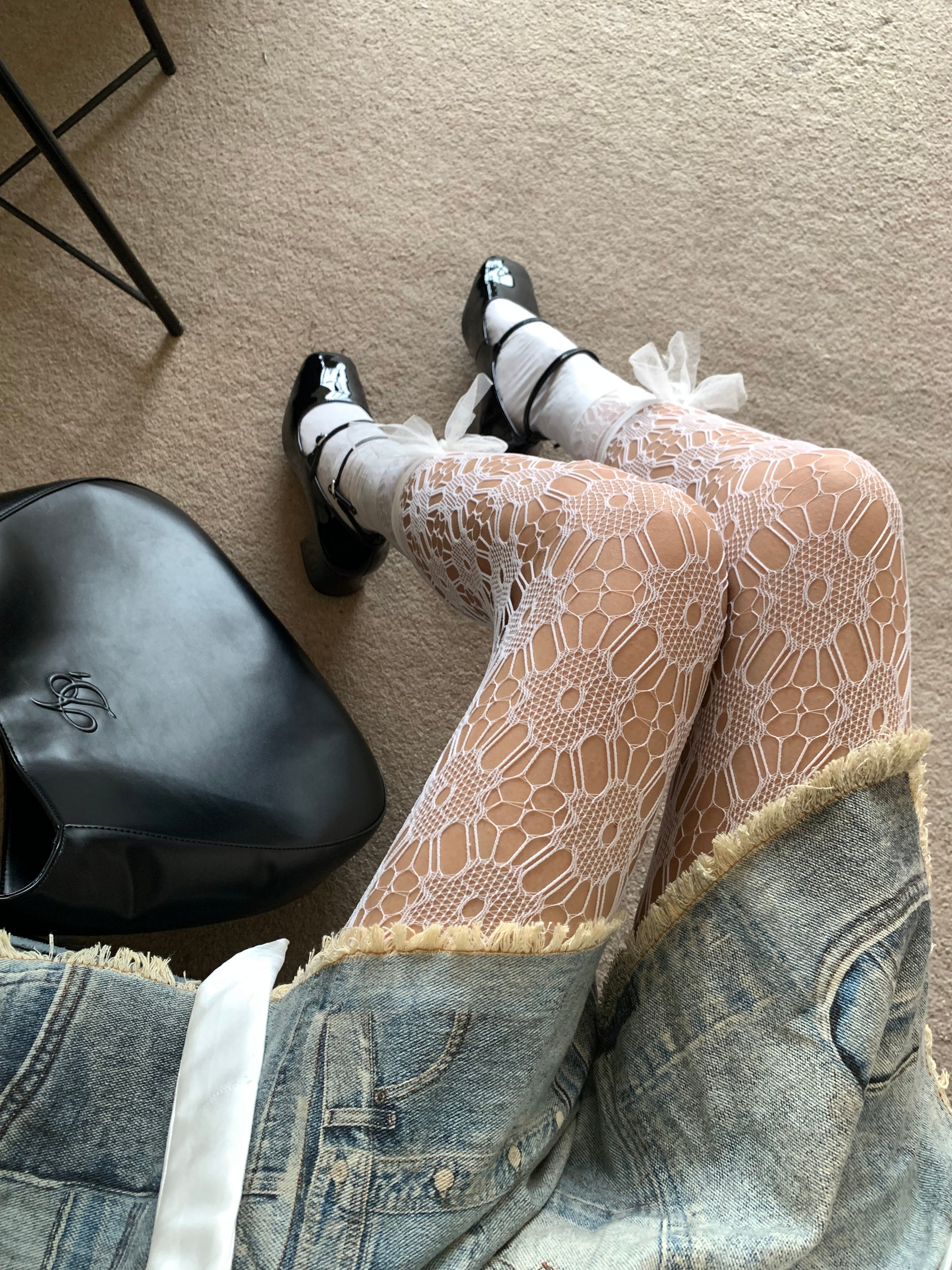 White Sakura Floral Hollow Fishnet Tights
