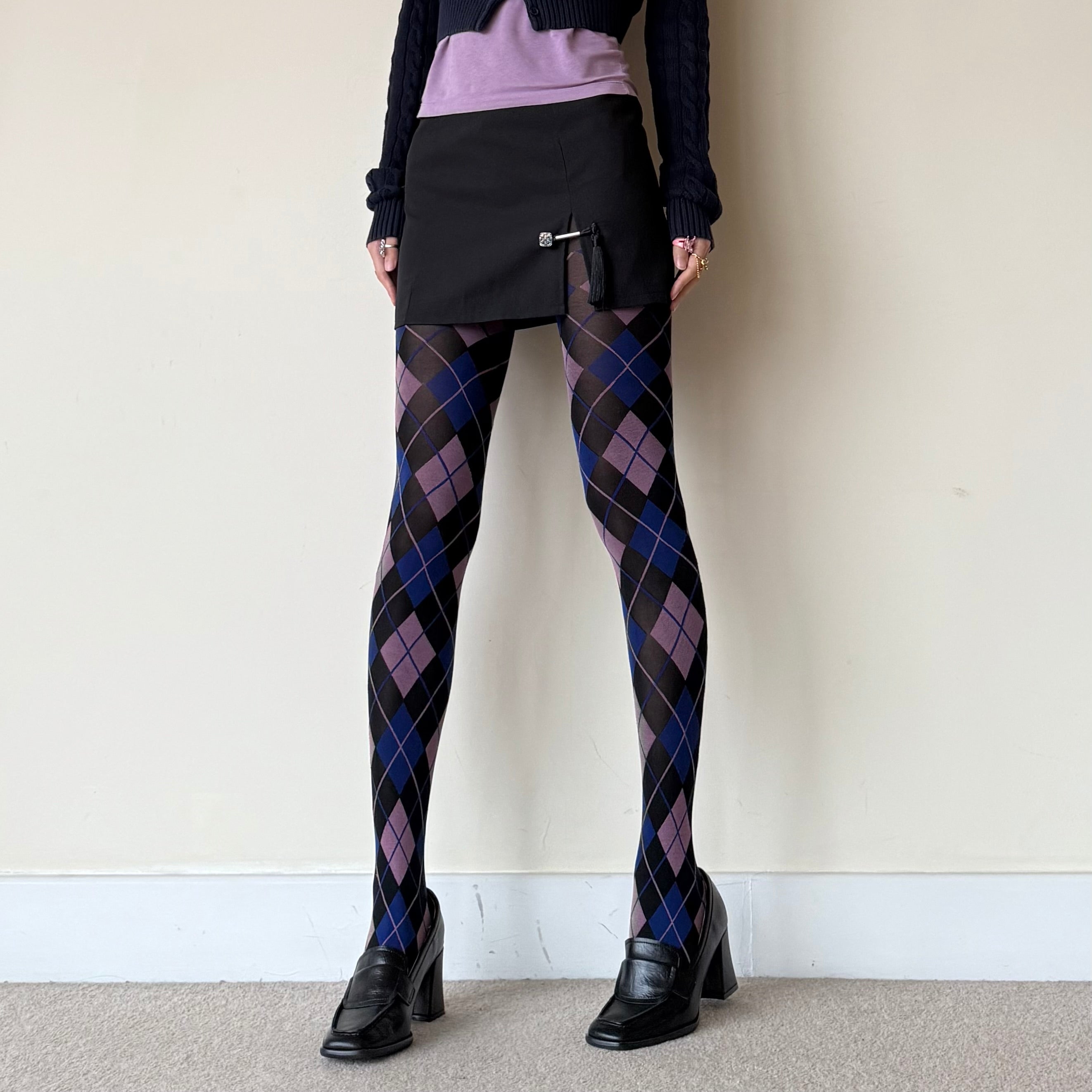 Black Blue & Mauve Argyle Velvet Tights 50D