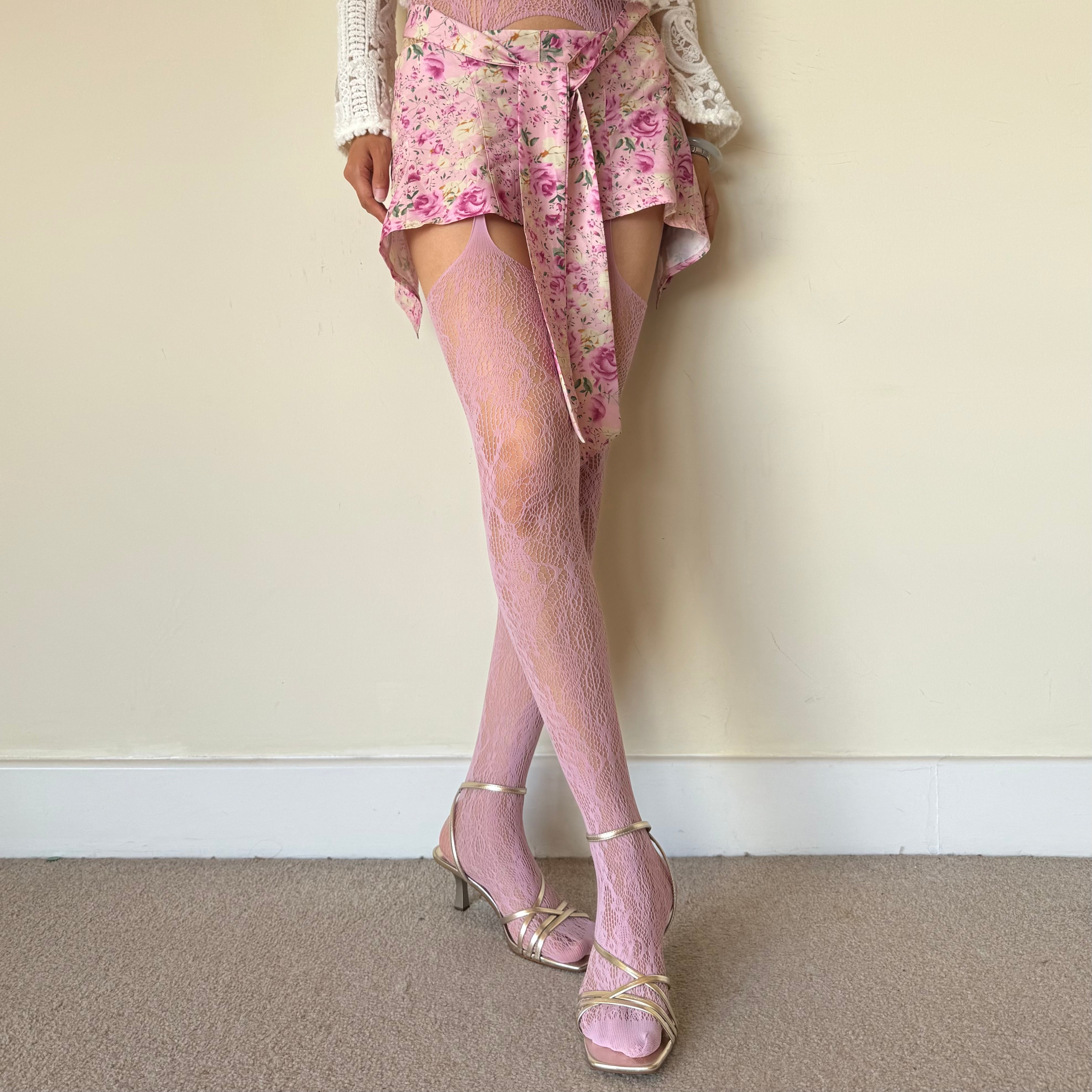 Pink Floral Suspender Fishnet Tights