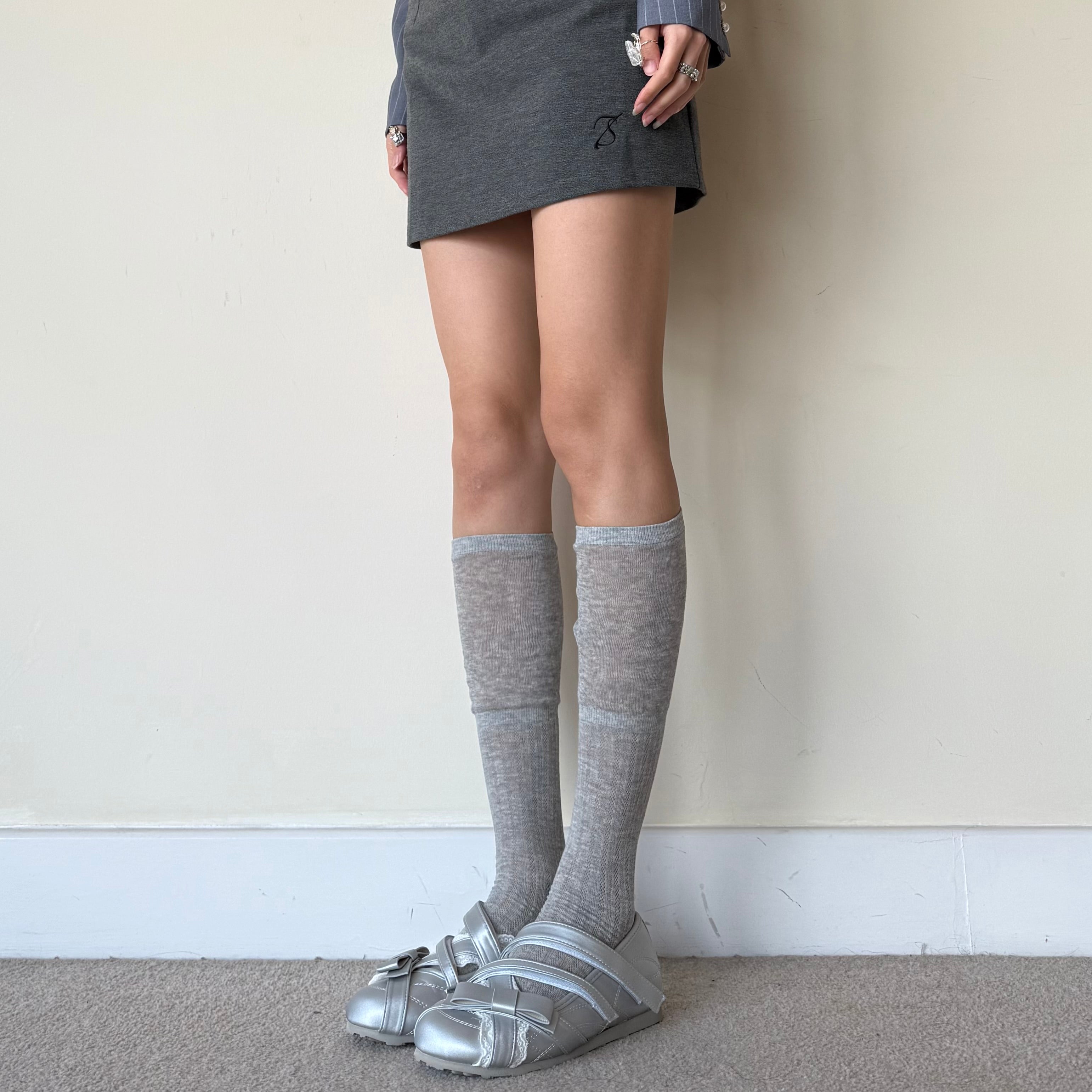 Grey White Ribbed Combed Cotton Knee-High Socks