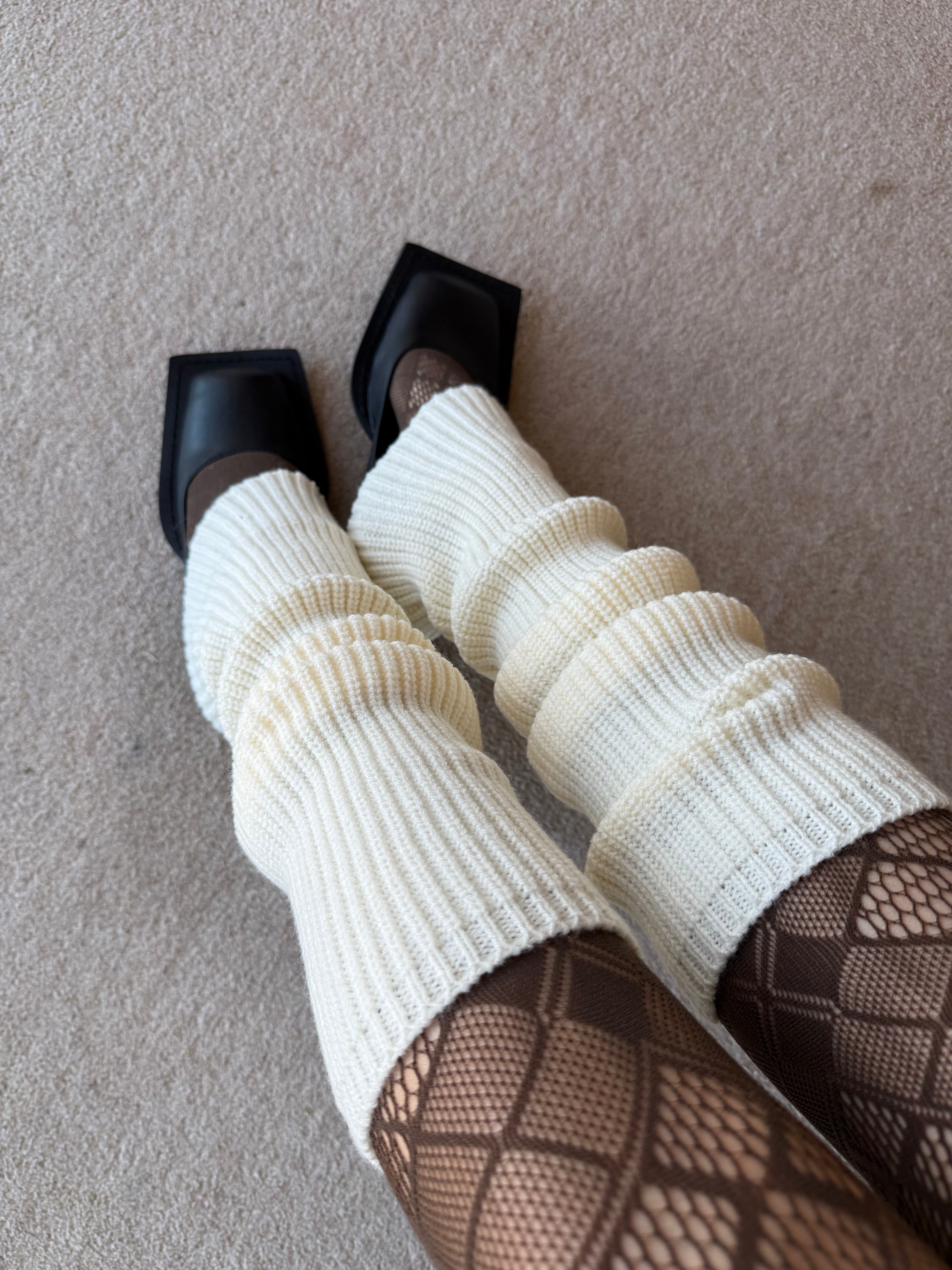 Cream White Wool Blend Striped Slouchy Leg Warmers (approx. 42 cm)