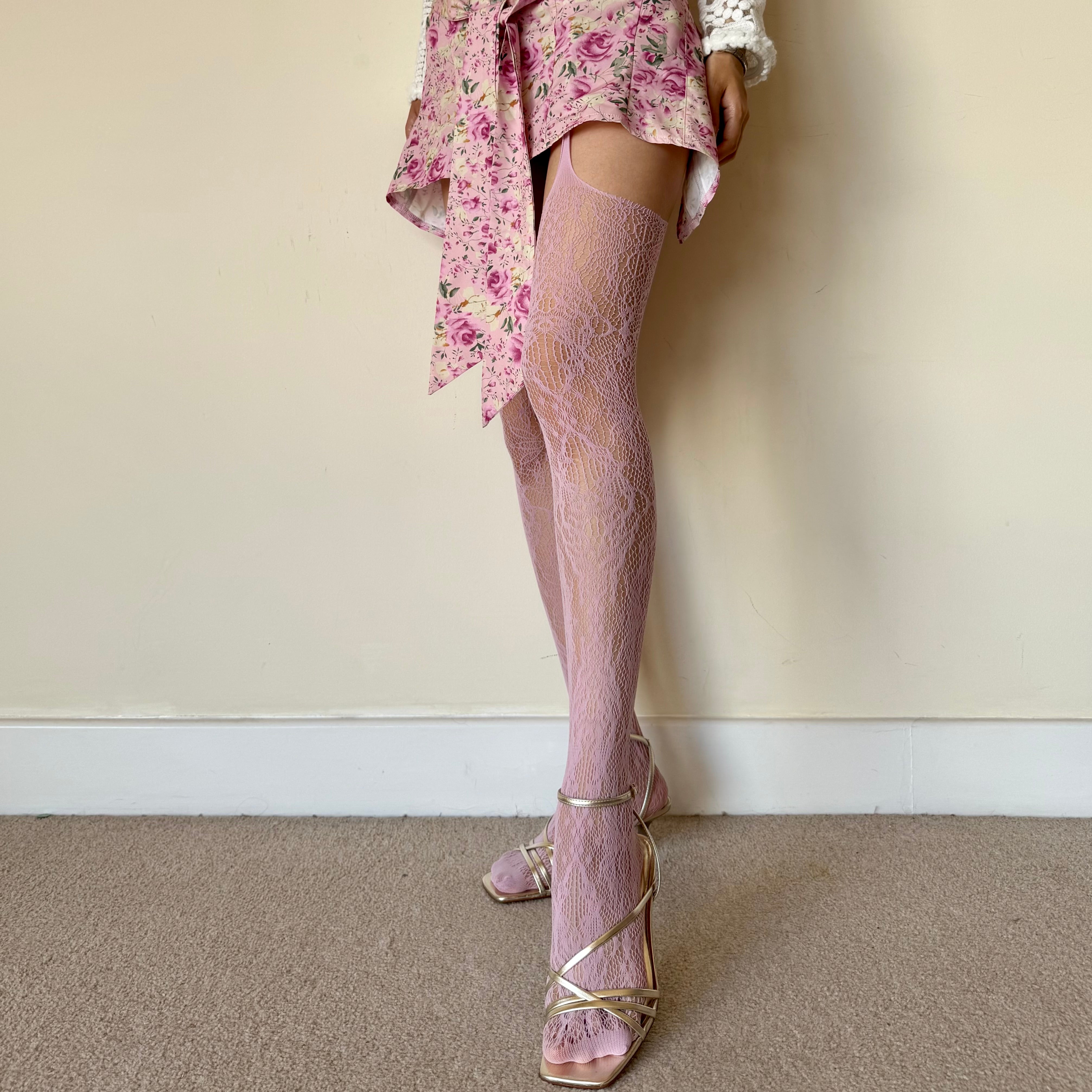 Pink Floral Suspender Fishnet Tights
