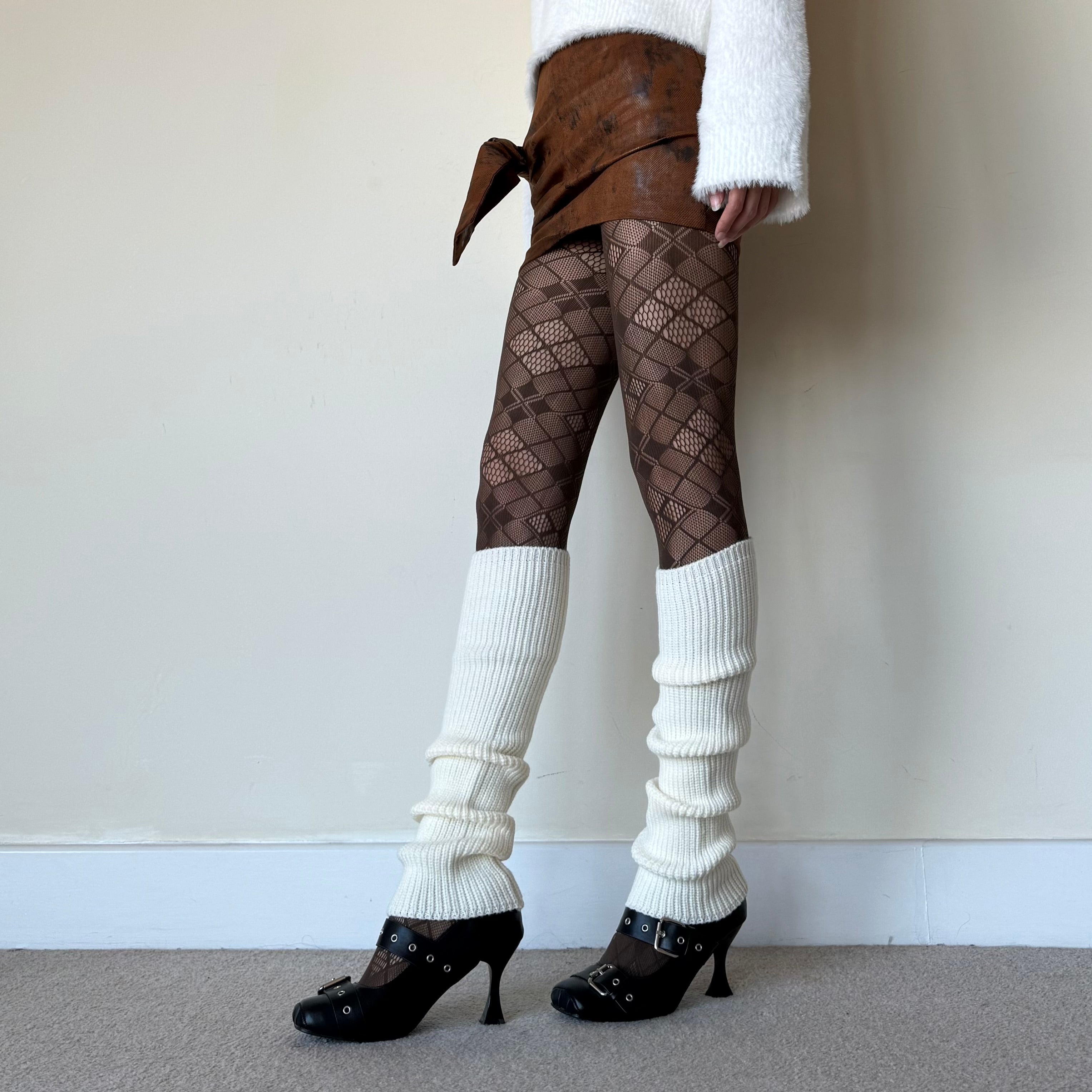 Cream White Wool Blend Striped Slouchy Leg Warmers (approx. 42 cm)