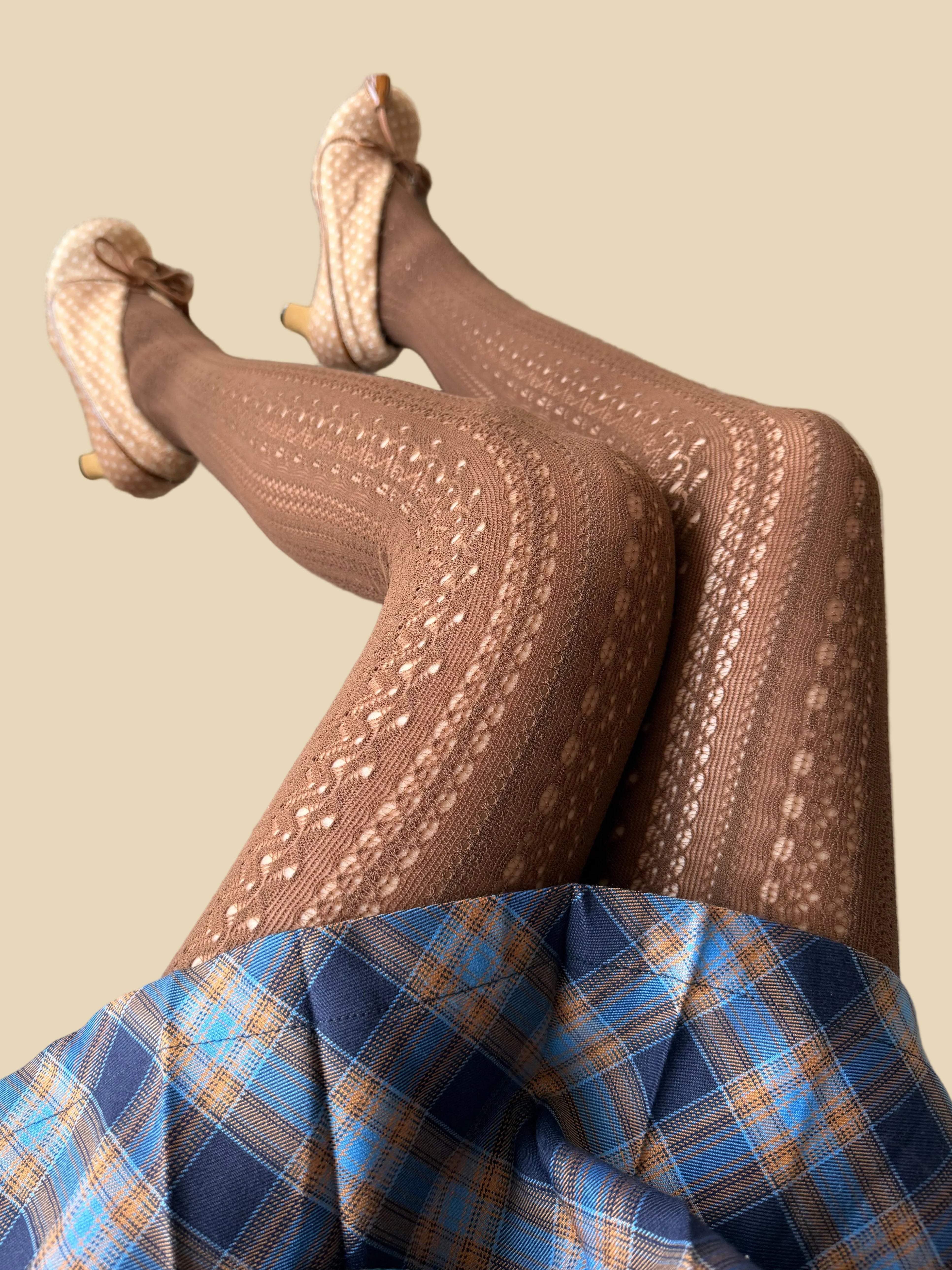 Chocolate Brown Pointelle Stripe Fishnet Tights