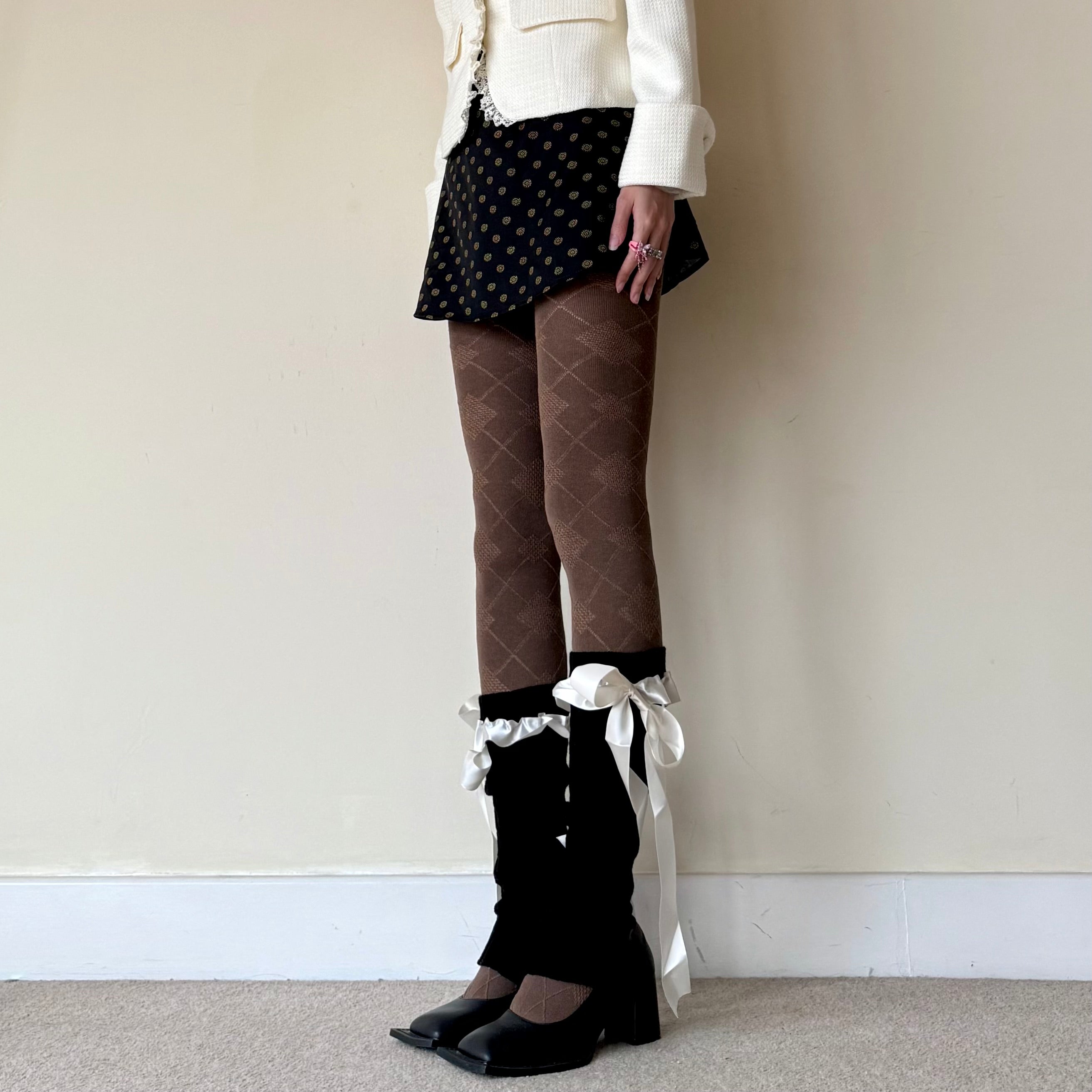 Black Knit-Style Leg Warmers with White Lace Frill & Bow Ribbon