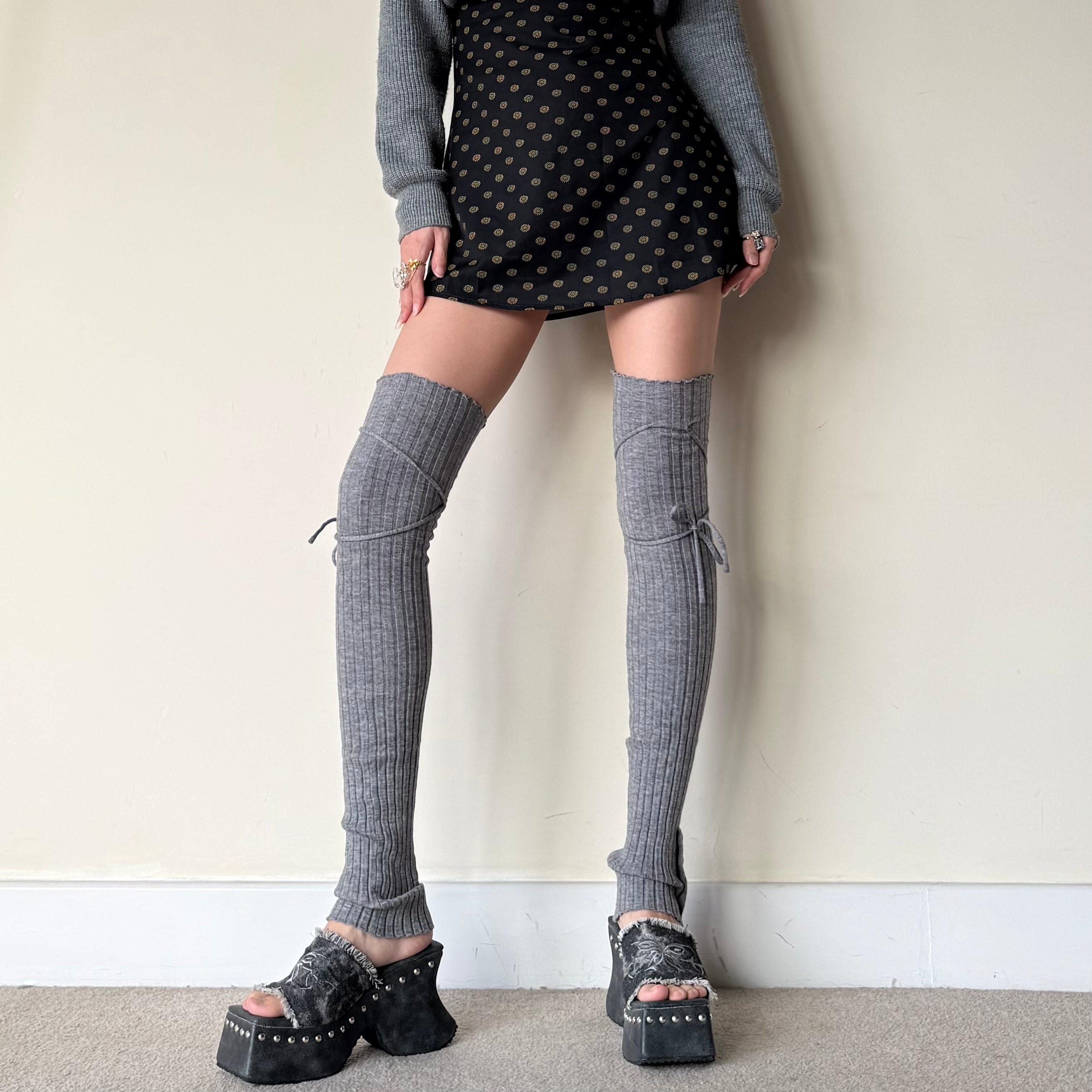 Balletcore Ribbed Wool Blend Leg Warmers with Side Tie & Button Detail