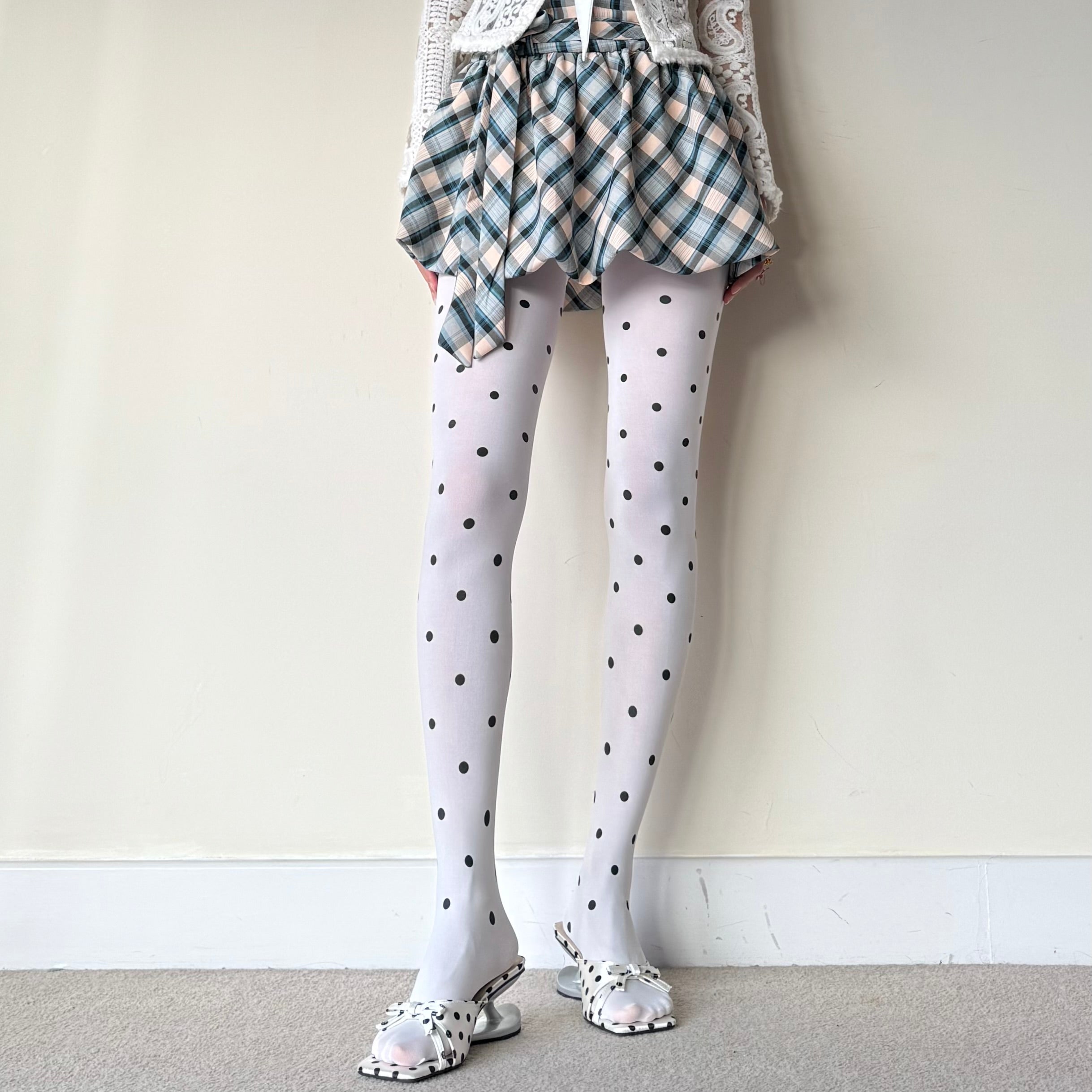 White Polka Dot Velvet Tights 30D