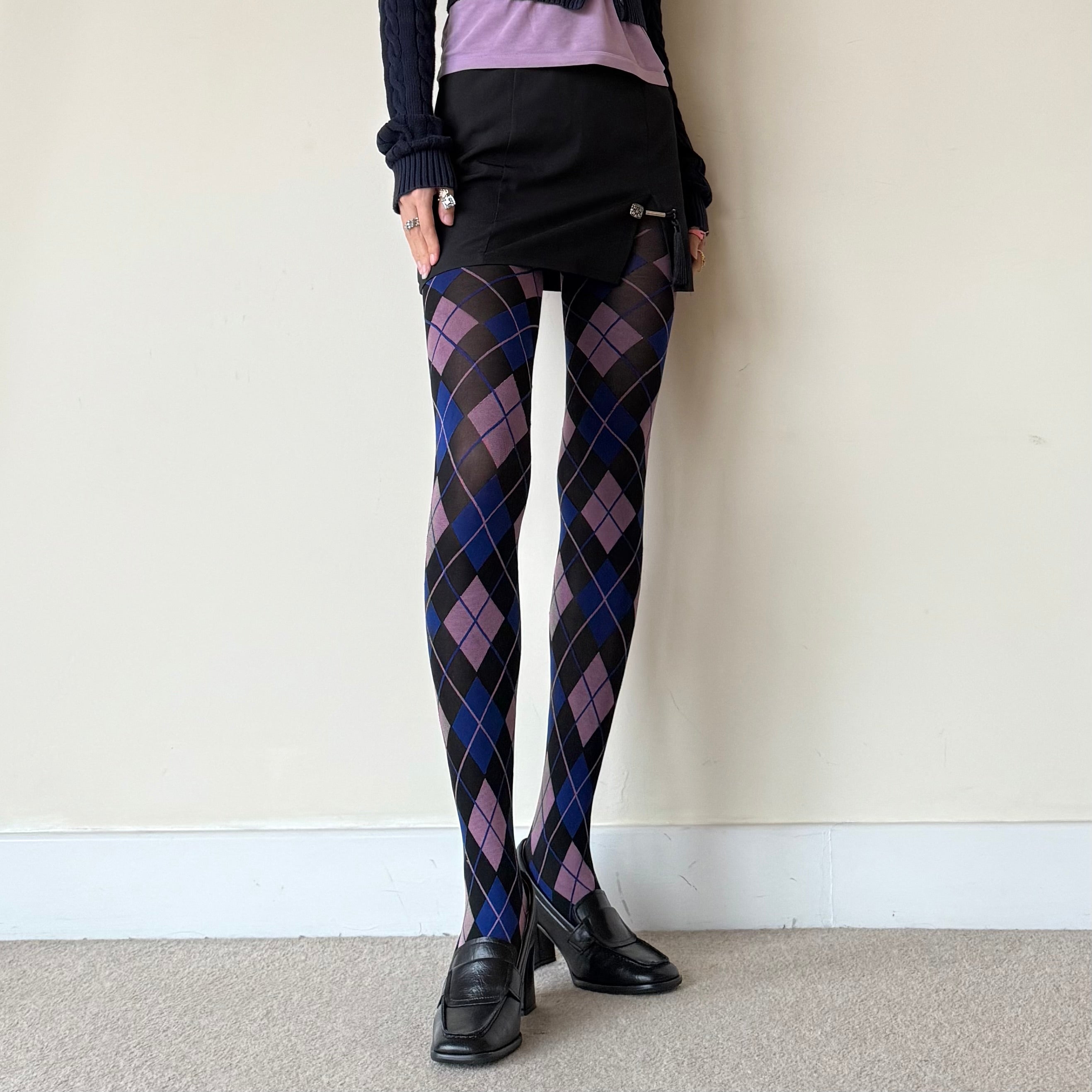 Black Blue & Mauve Argyle Velvet Tights 50D
