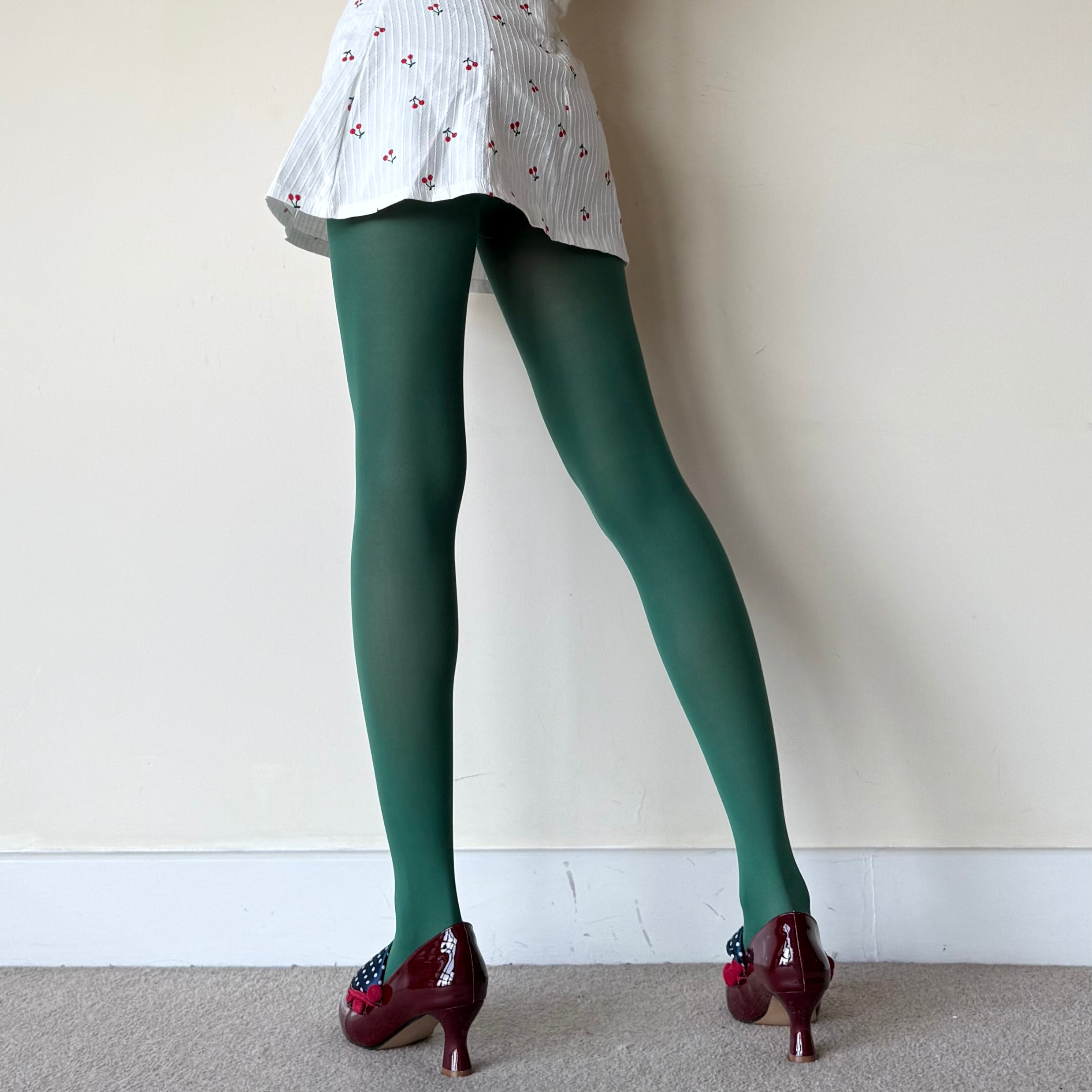 Dark Basil Green Solid Color Velvet Tights 80D