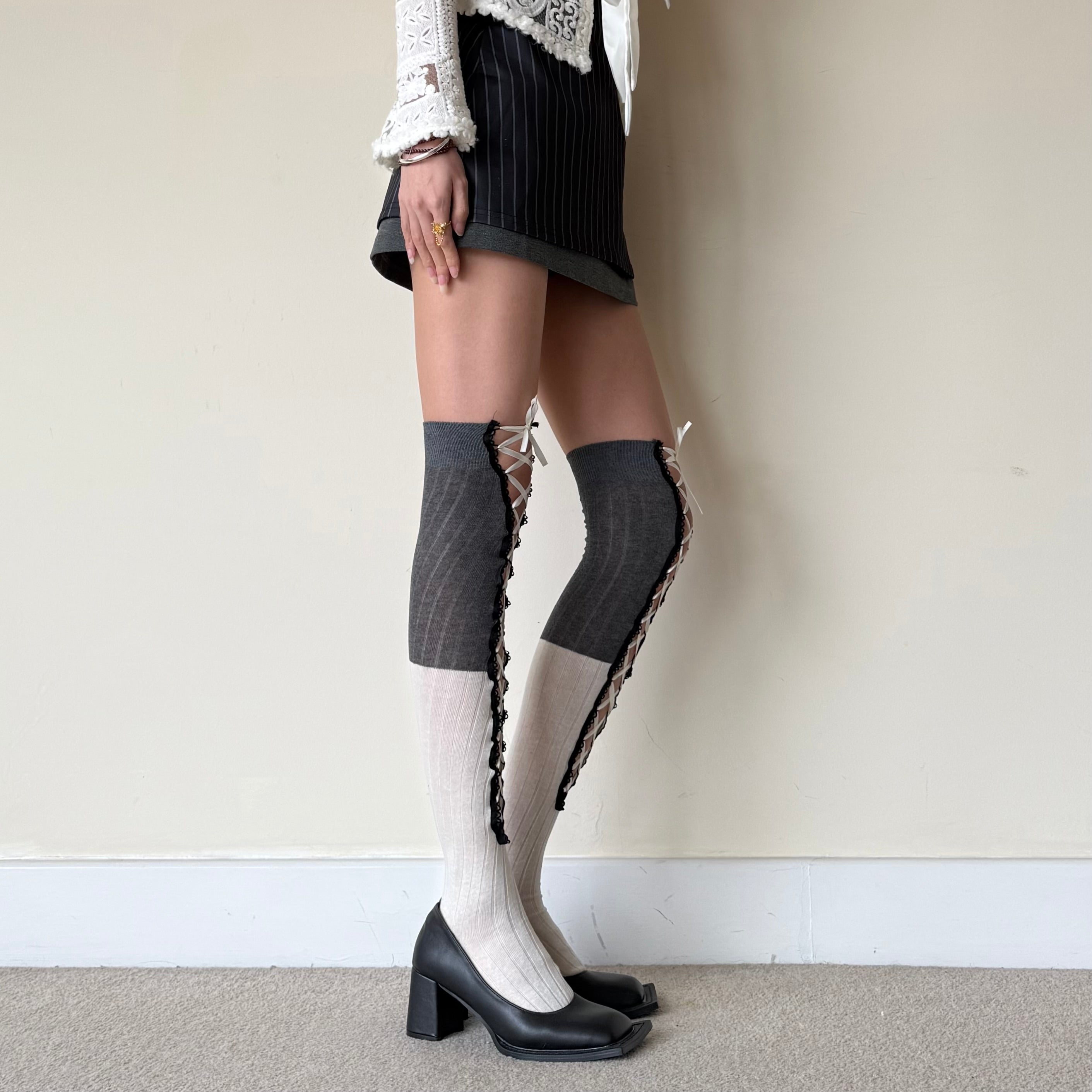 Two-Tone Grey & White Corset Lace-Up Thigh High Cotton Socks