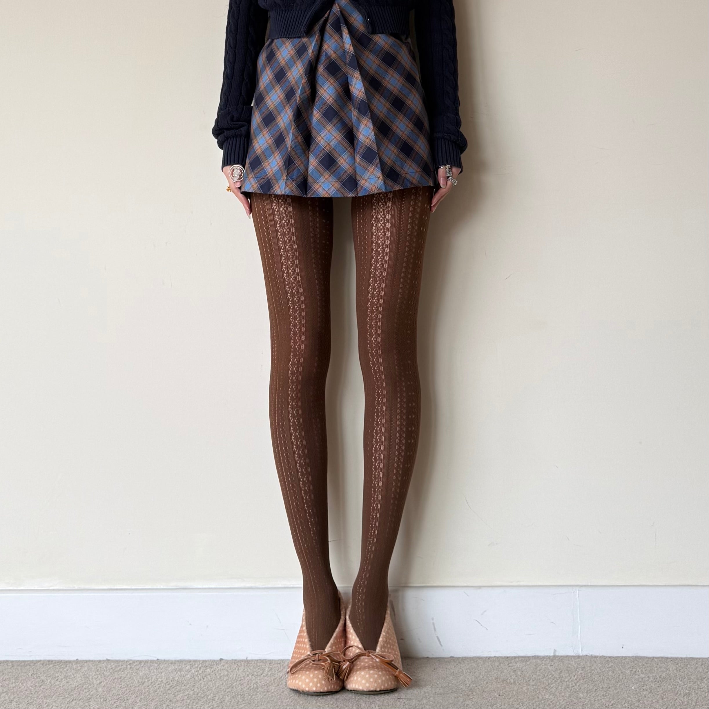 Chocolate Brown Pointelle Stripe Fishnet Tights