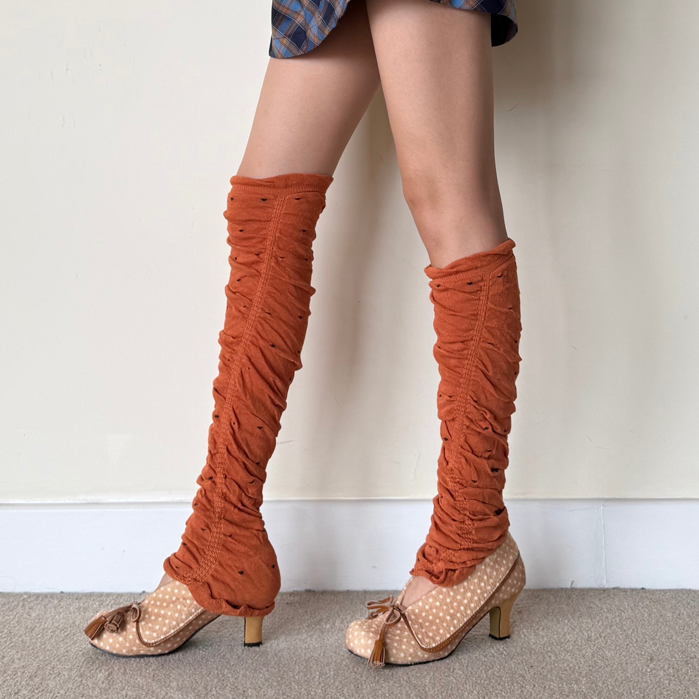 Orange Sheer Polka Dot Ruched Leg Warmers (approx. 62 cm)